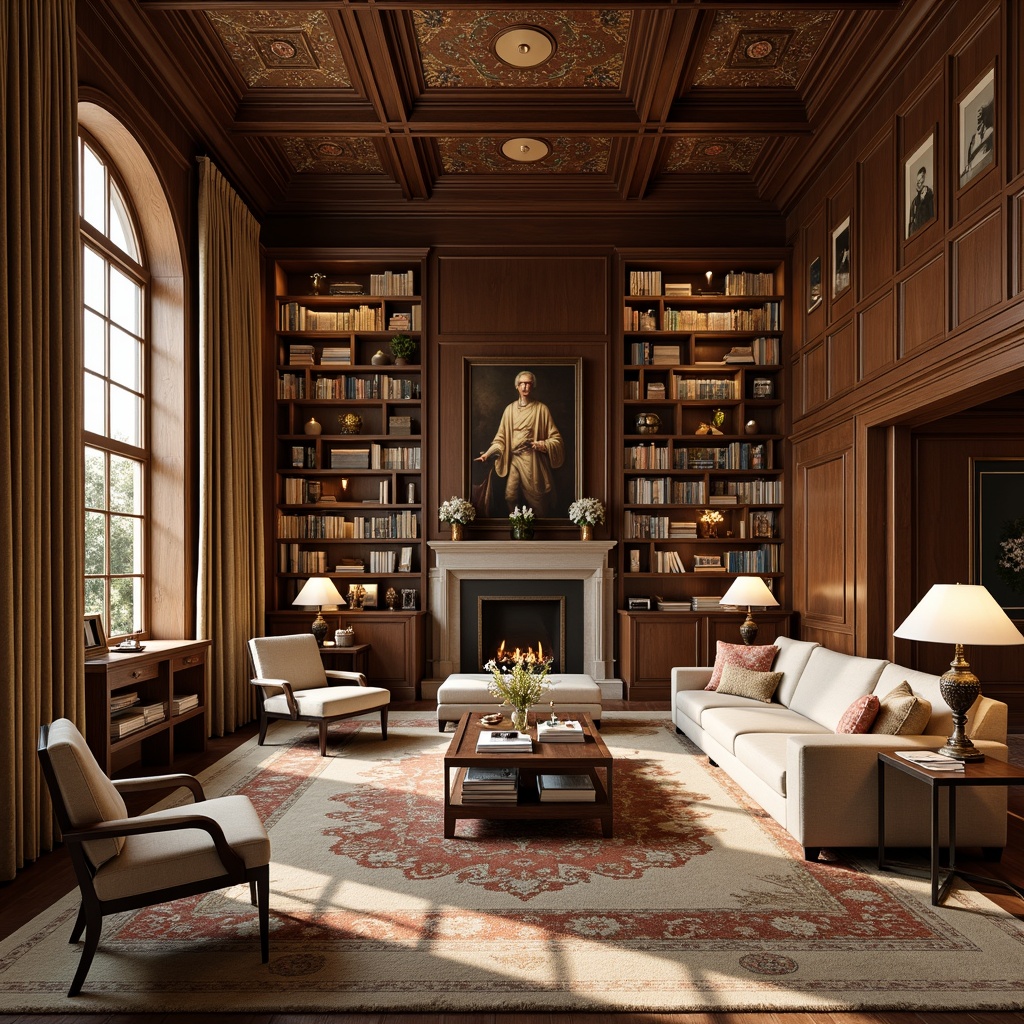 Prompt: Elegant great room, rich wood paneling, comfortable sectional sofa, accent chairs, wooden coffee table, floor lamps, warm beige carpet, built-in bookshelves, academic style decorations, classic portraits, vintage rugs, luxurious curtains, tall windows, natural light pouring in, cozy reading nook, soft warm lighting, shallow depth of field, 1/2 composition, realistic textures, ambient occlusion.