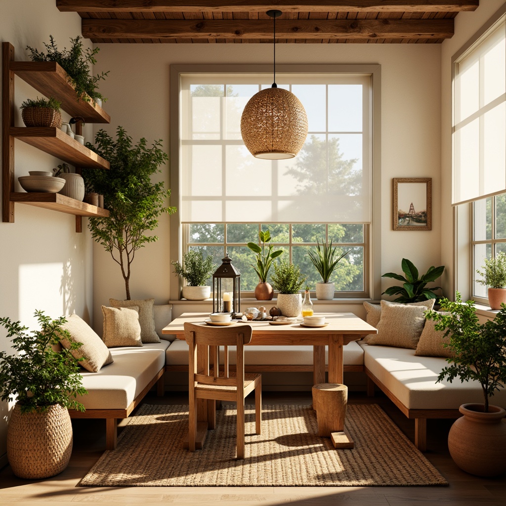 Prompt: Cozy breakfast nook, warm morning sunlight, soft creamy colors, wooden dining table, woven wicker chairs, natural fiber rugs, lush green plants, vintage metal lanterns, earthy terracotta pots, crisp white linens, delicate ceramic vases, rustic wooden shelves, exposed brick walls, large windows, minimal decor, soft warm lighting, shallow depth of field, 1/1 composition, inviting atmosphere.