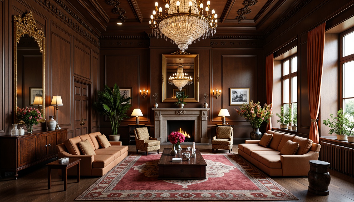 Prompt: Elegant living room, lavish furnishings, ornate mirrors, crystal chandeliers, velvet drapes, luxurious rugs, antique vases, exotic flowers, warm candlelight, rich wood tones, intricate carvings, gilded frames, sophisticated color palette, soft ambient lighting, 1/1 composition, shallow depth of field, realistic textures.