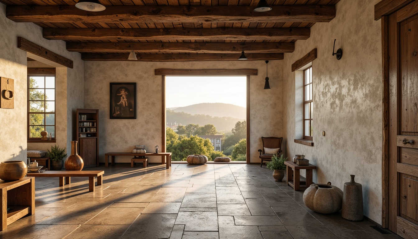 Prompt: Rustic French country gym, distressed wood accents, vintage metal equipment, soft warm lighting, creamy whites, earthy tones, natural stone walls, wooden beam ceilings, large windows, rolling hills, serene countryside views, morning mist, warm golden light, subtle shadows, 1/2 composition, realistic textures, ambient occlusion.