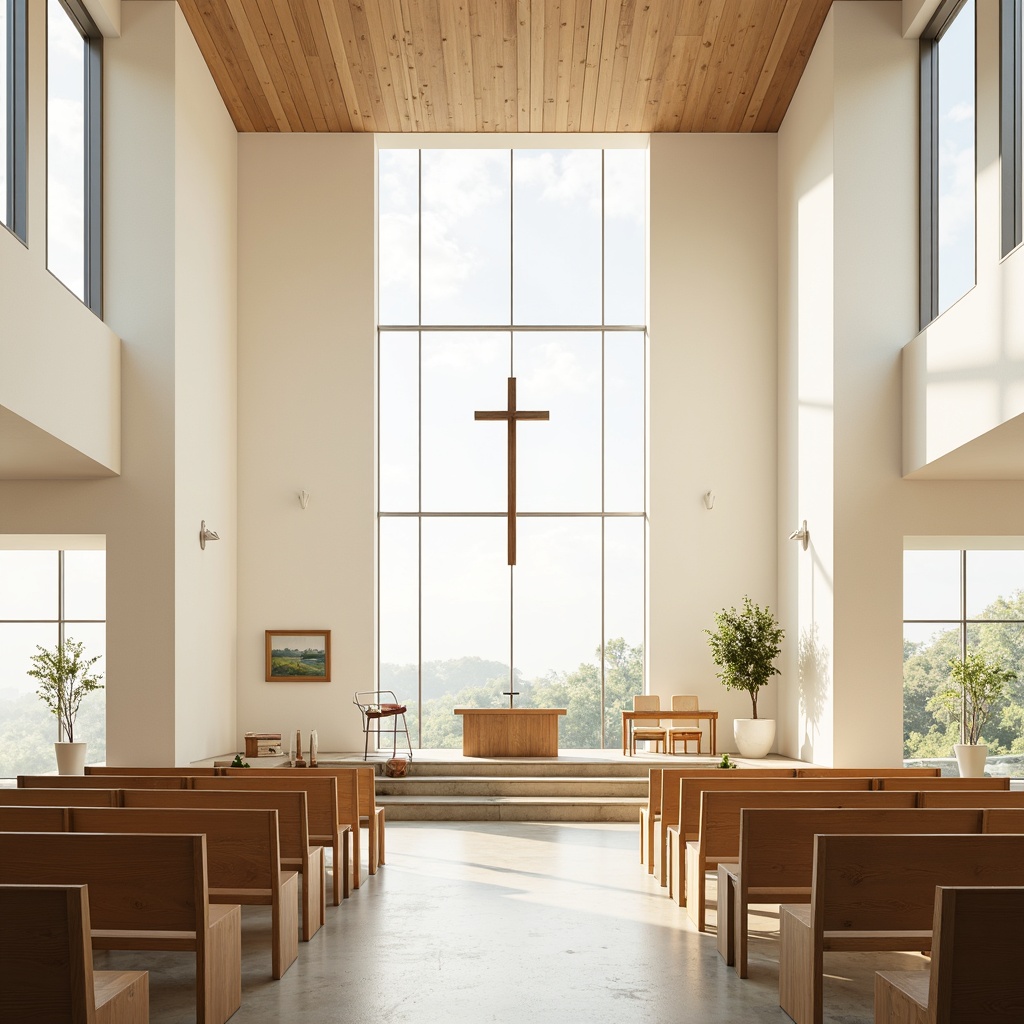 Prompt: Minimalist Scandinavian church interior, natural light pouring through large windows, wooden pews, simple altar, Nordic-inspired cross, creamy white walls, light-colored wood accents, airy open spaces, subtle lighting fixtures, serene atmosphere, soft warm glow, shallow depth of field, 3/4 composition, symmetrical layout, elegant simplicity, functional furniture, minimalist decor, Nordic-style textiles, abstract geometric patterns, neutral color palette.