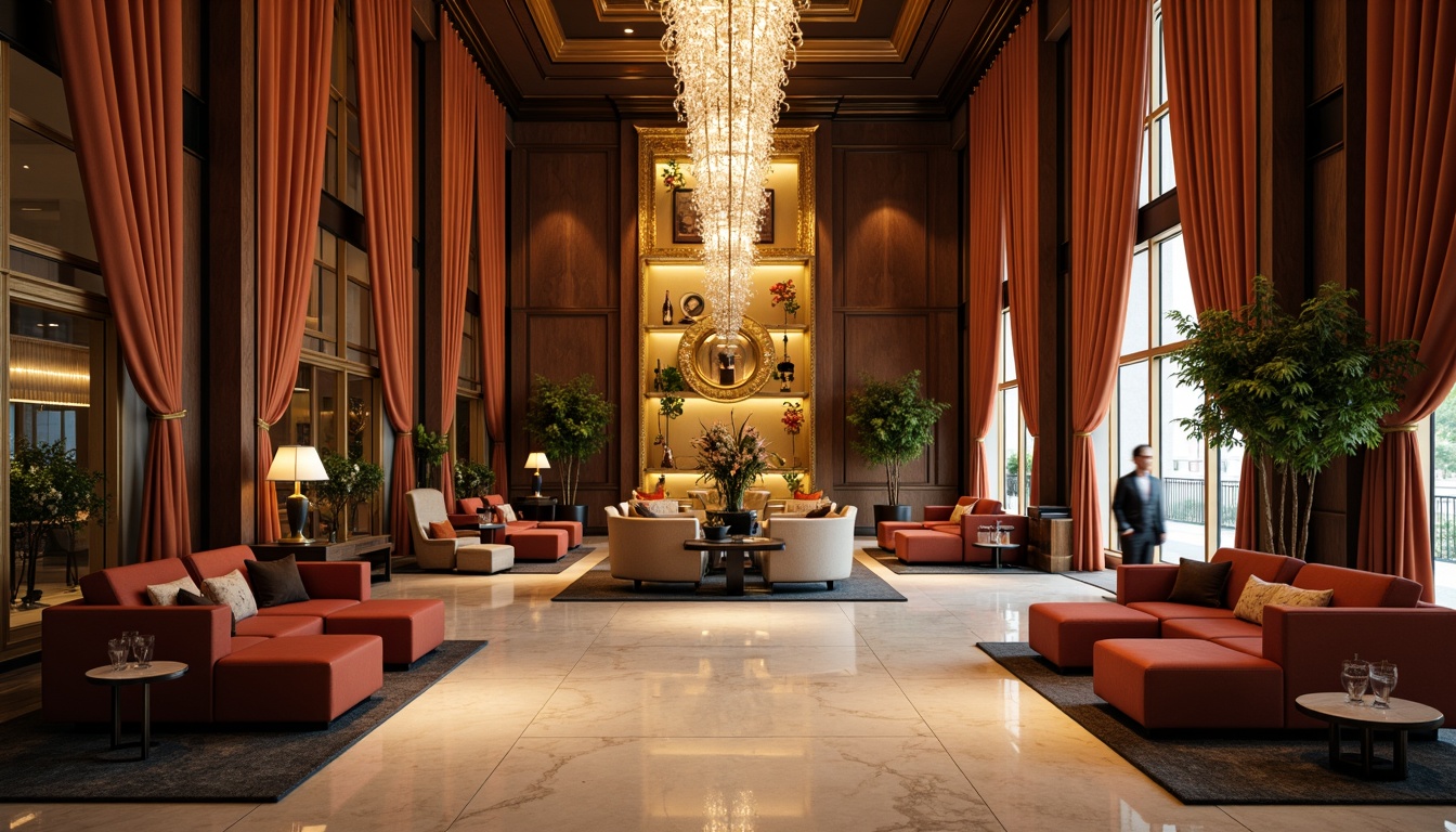 Prompt: Luxurious interior space, high-end finishes, polished marble floors, sleek metallic accents, rich wooden panels, plush velvet upholstery, crystal chandeliers, ornate gold leafing, lavish fabric draping, opulent furnishings, sophisticated color palette, dramatic lighting effects, cinematic ambiance, 1/2 composition, shallow depth of field, soft focus, warm golden lighting.