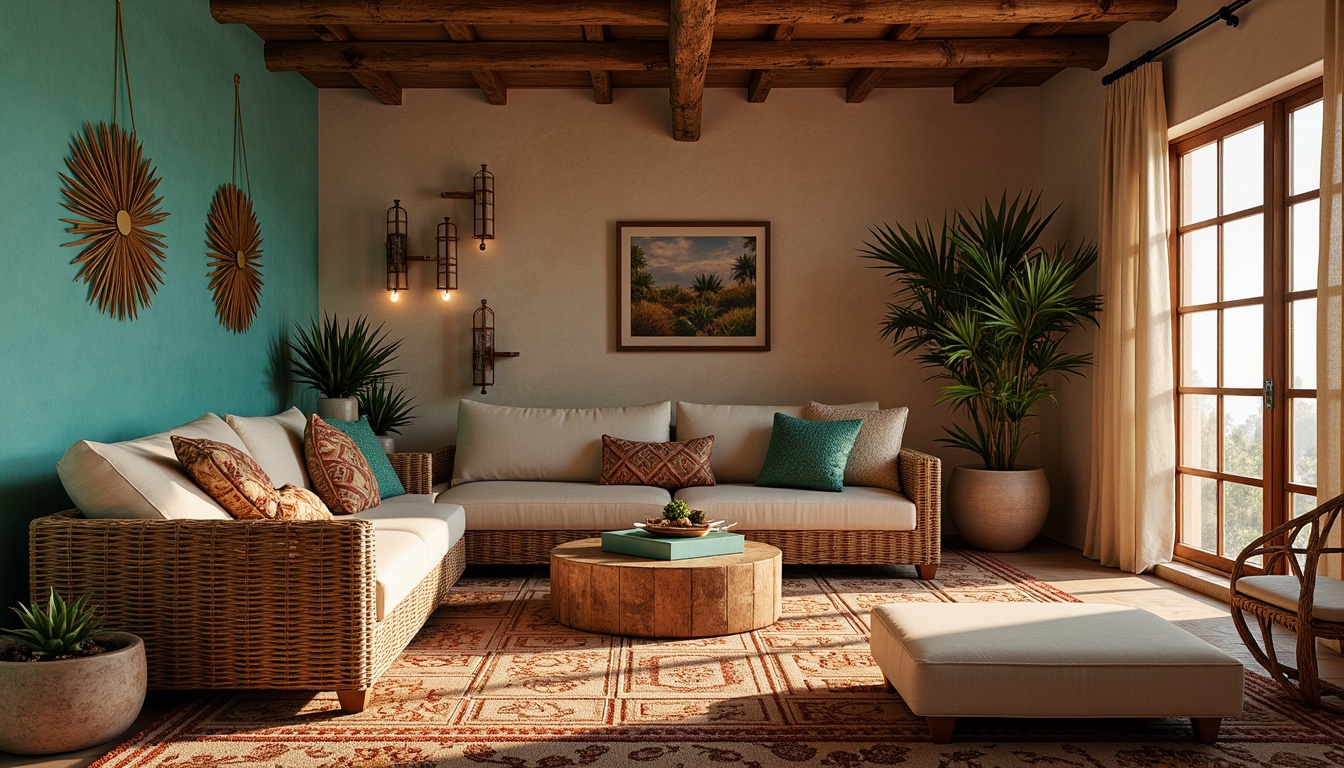 Prompt: Vibrant turquoise accents, rustic wooden textures, woven wicker furniture, desert-inspired patterns, earthy terracotta tones, geometric aztec motifs, plush velvet fabrics, distressed leather upholstery, ornate metalwork details, natural linen drapes, cactus-shaped decorations, warm golden lighting, shallow depth of field, 1/1 composition, realistic wood grain textures, ambient occlusion.