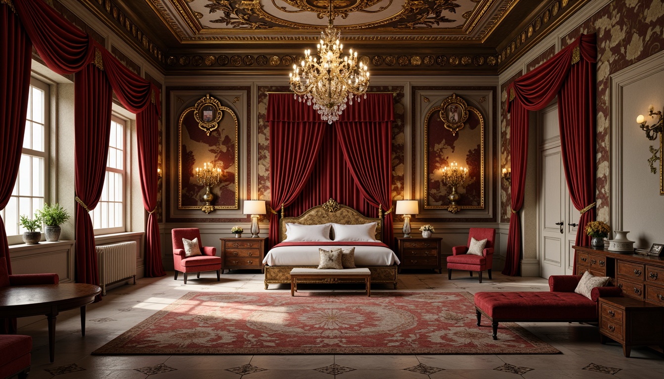 Prompt: Luxurious velvet drapes, intricate golden embroidery, rich jewel-toned tapestries, ornate wooden furnishings, gilded mirrors, crystal chandeliers, lavish silk upholstery, regal throne-like chairs, majestic four-poster beds, opulent marble floors, grandiose archways, dramatic coved ceilings, soft warm candlelight, 1/1 composition, shallow depth of field, realistic textures, ambient occlusion.