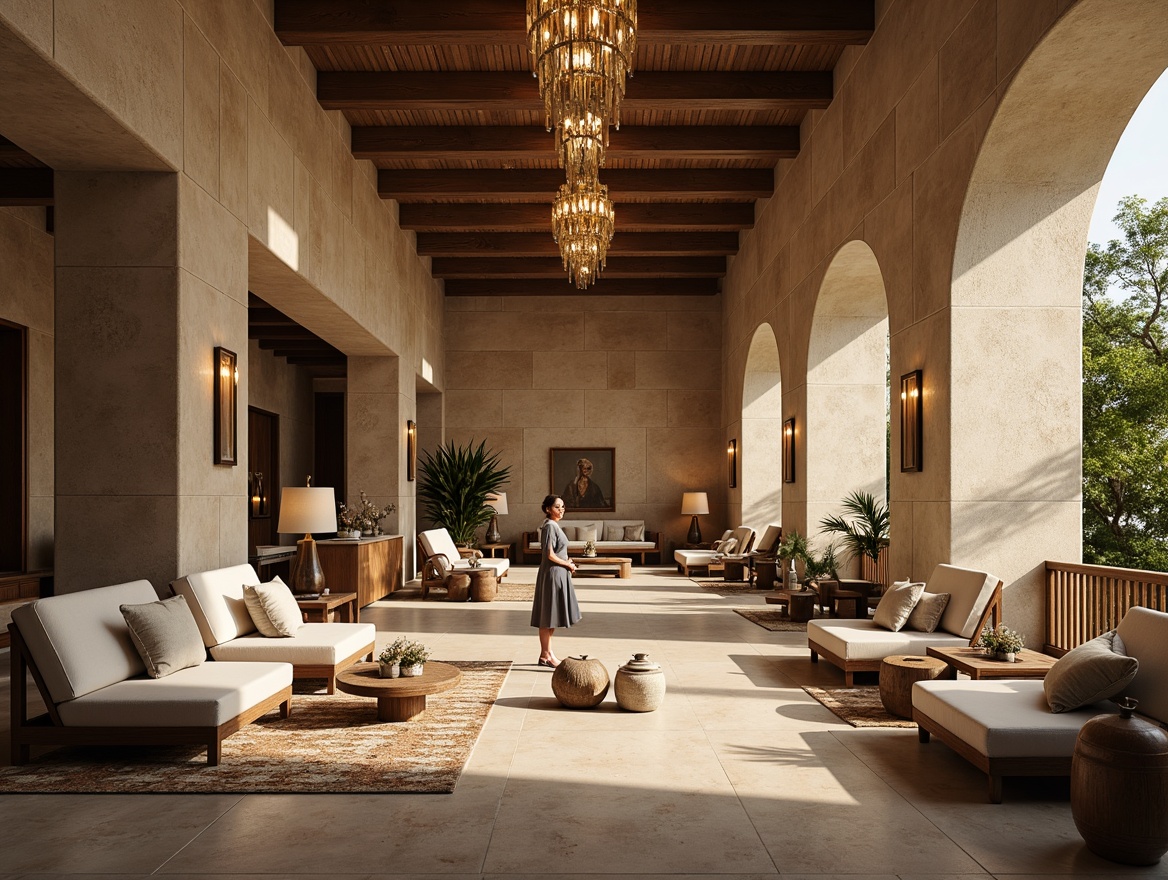 Prompt: Luxurious hotel lobby, textured stone walls, earthy tone color palette, warm ambient lighting, comfortable seating areas, minimalist decor, natural material accents, wooden furniture, metallic fixtures, geometric patterned rugs, soft cushioning, grand chandelier, high ceiling, dramatic vertical space, 1/1 composition, realistic textures, subtle shadows, morning sunlight, cozy atmosphere.