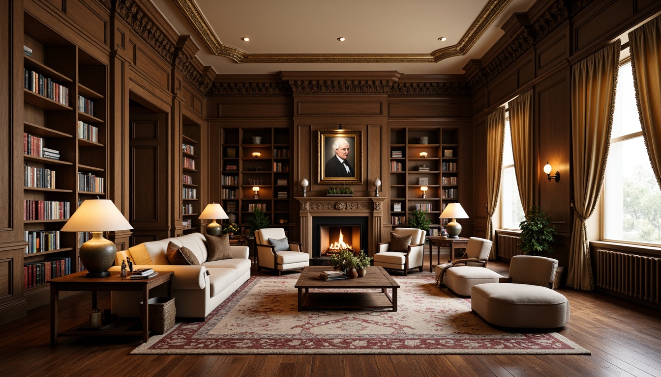 Prompt: Elegant great room, academic style furniture, rich wooden tones, comfortable seating areas, plush sofas, accent chairs, rustic coffee tables, vintage rugs, floor-to-ceiling bookshelves, classic lamps, warm cozy atmosphere, soft warm lighting, shallow depth of field, 1/1 composition, realistic textures, ambient occlusion, neutral color palette, earthy brown walls, cream-colored ceiling, dark hardwood flooring, ornate wooden trim, sophisticated decor.