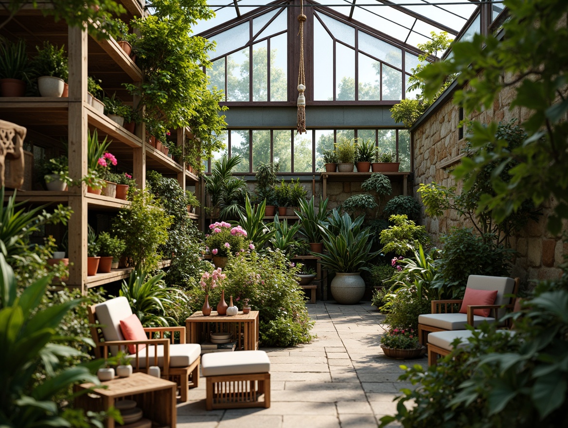 Prompt: Vibrant greenhouse interior, lush tropical plants, exotic flowers, natural stone walls, reclaimed wood accents, industrial metal beams, rustic wooden crates, eclectic decorative artifacts, woven wicker furniture, macram\u00e9 plant hangers, earthy color palette, warm soft lighting, shallow depth of field, 1/1 composition, intimate atmospheric mood, realistic textures, ambient occlusion.