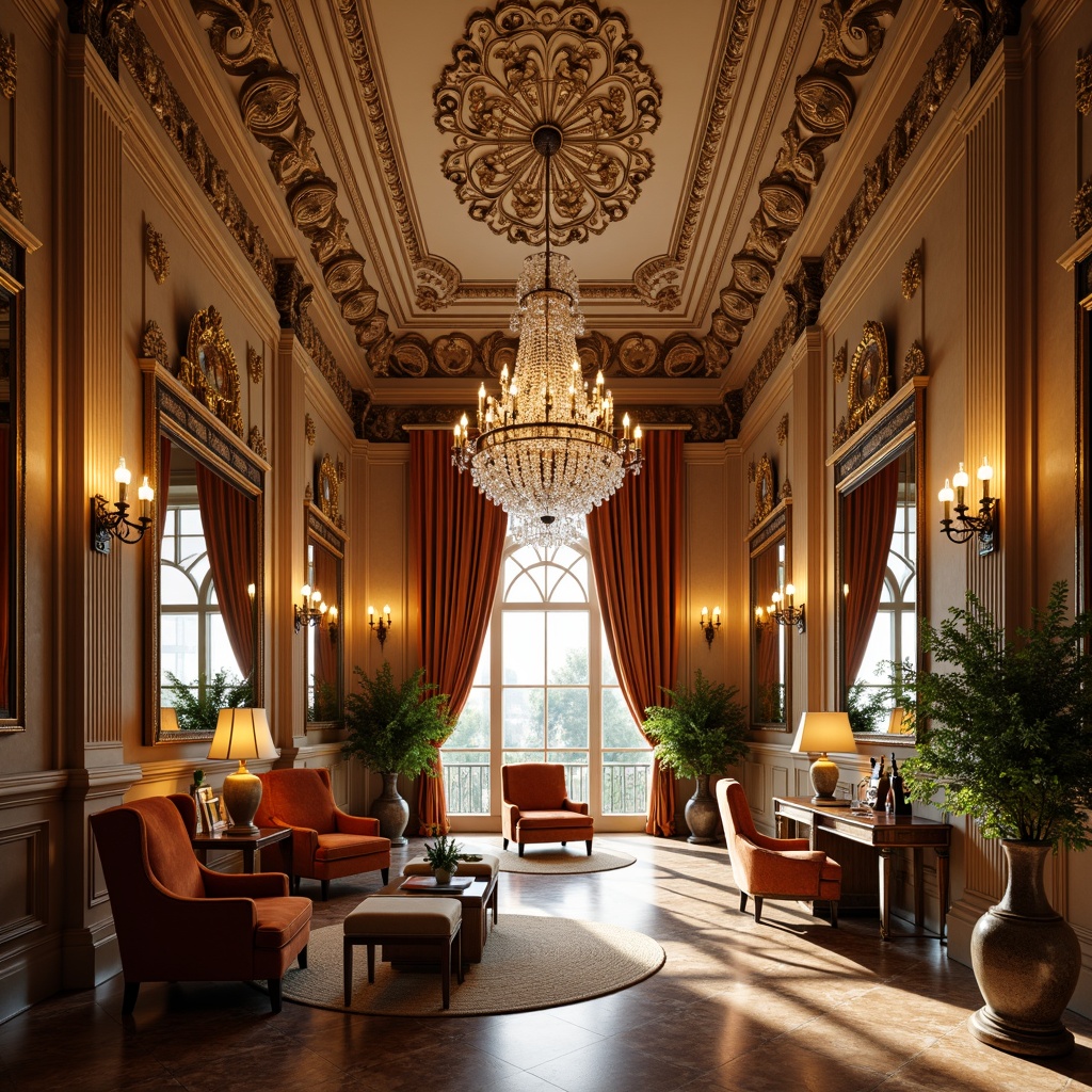 Prompt: Luxurious interior, neoclassical architecture, ornate moldings, crystal chandeliers, velvet upholstery, marble flooring, gilded accents, rich wood paneling, intricate carvings, sophisticated color palette, soft golden lighting, shallow depth of field, 1/1 composition, realistic textures, ambient occlusion, ornate mirrors, lavish fabrics, subtle sheen, elegant furnishings, refined decorations, classical motifs, timeless beauty.