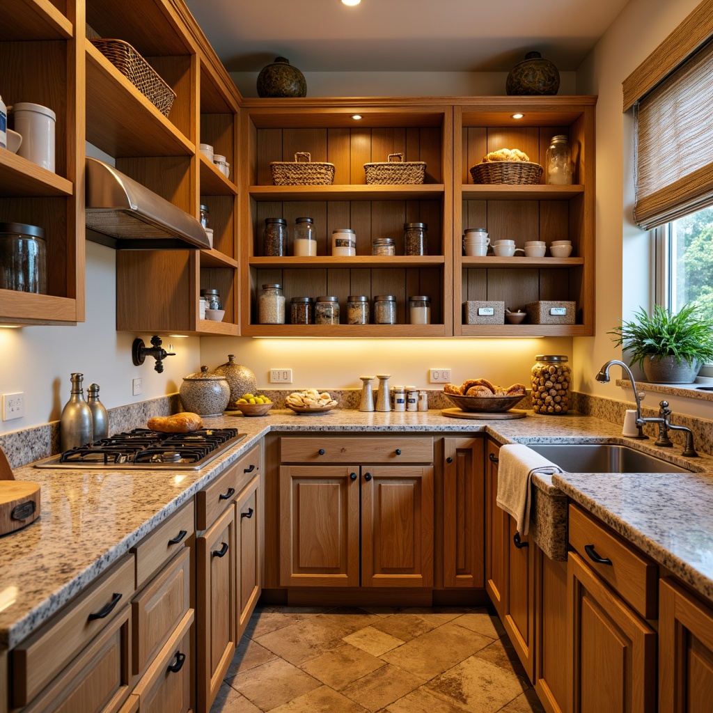 Prompt: Cozy pantry, rustic wooden shelves, warm beige walls, soft golden lighting, traditional country-style cabinets, granite countertops, earthy brown tones, natural stone textures, subtle veining patterns, matte finish, easy-to-clean surfaces, durable materials, ample storage space, organized layout, decorative tin cans, woven baskets, aromatic spices, fresh bread display, farmhouse-inspired design.