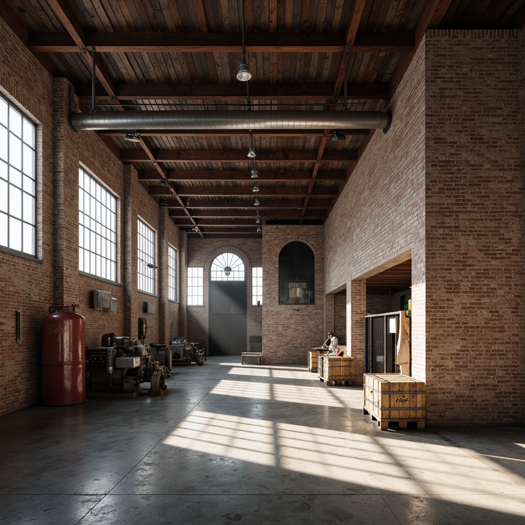 Prompt: Industrial warehouse interior, exposed brick walls, metal beams, polished concrete floors, functional lighting, muted color scheme, earthy tones, rusty red accents, weathered wooden crates, mechanical equipment, steel pipes, utilitarian aesthetic, urban loft atmosphere, natural light filtering, soft shadows, realistic textures, ambient occlusion.