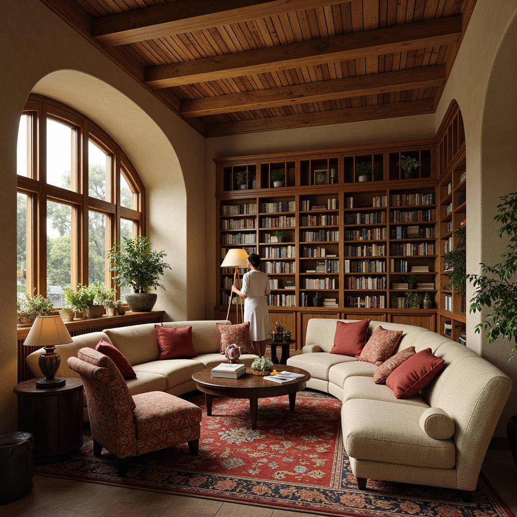 Prompt: Cozy library interior, warm wooden tones, comfortable seating areas, plush couches, oversized armchairs, rustic wooden tables, vintage metal lamps, soft cream-colored walls, richly patterned rugs, natural stone flooring, elegant archways, tranquil atmosphere, abundant natural light, large windows, subtle warm lighting, 1/1 composition, intimate focal point, realistic textures, ambient occlusion.