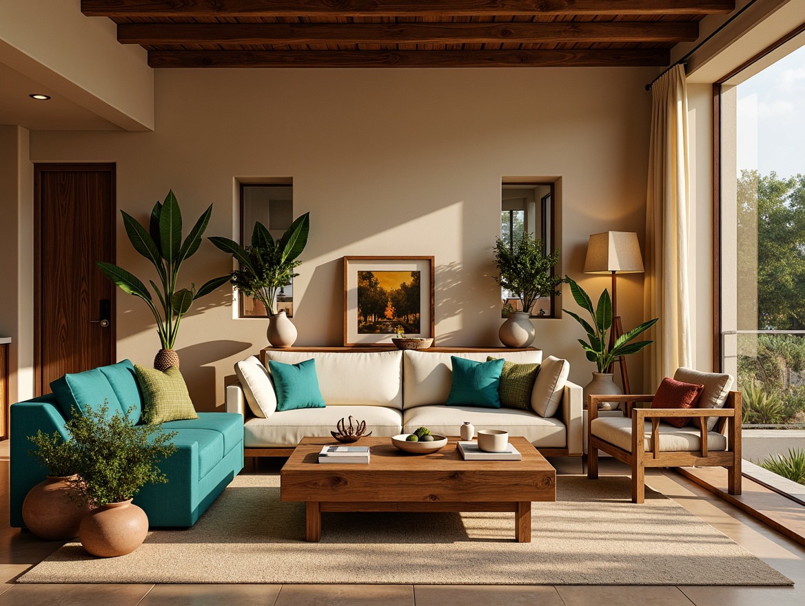 Prompt: Vibrant living room, warm beige walls, rich walnut furniture, bold turquoise accents, soft cream textiles, natural stone flooring, earthy terracotta pots, lush green plants, dramatic floor lamps, cozy reading nooks, intimate ambient lighting, 1/1 composition, soft focus, warm color harmony, inviting atmosphere.