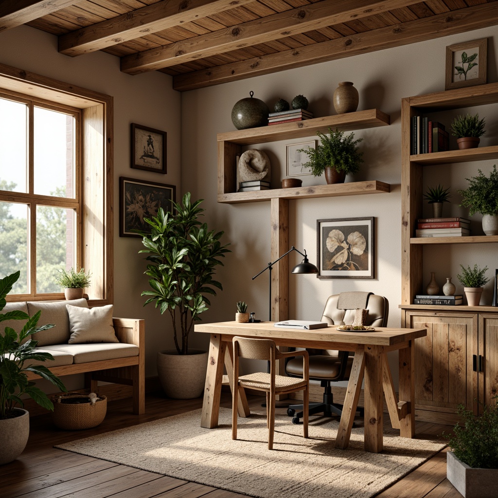 Prompt: Cozy home office, vernacular style, wooden desk, ergonomic chair, natural textiles, earthy color palette, vintage decorative items, reclaimed wood shelves, greenery, pendant lighting, warm beige walls, rustic metal accents, comfortable reading nook, built-in bookcases, soft warm lighting, shallow depth of field, 1/1 composition, realistic textures, ambient occlusion.Please let me know if this meets your expectations!