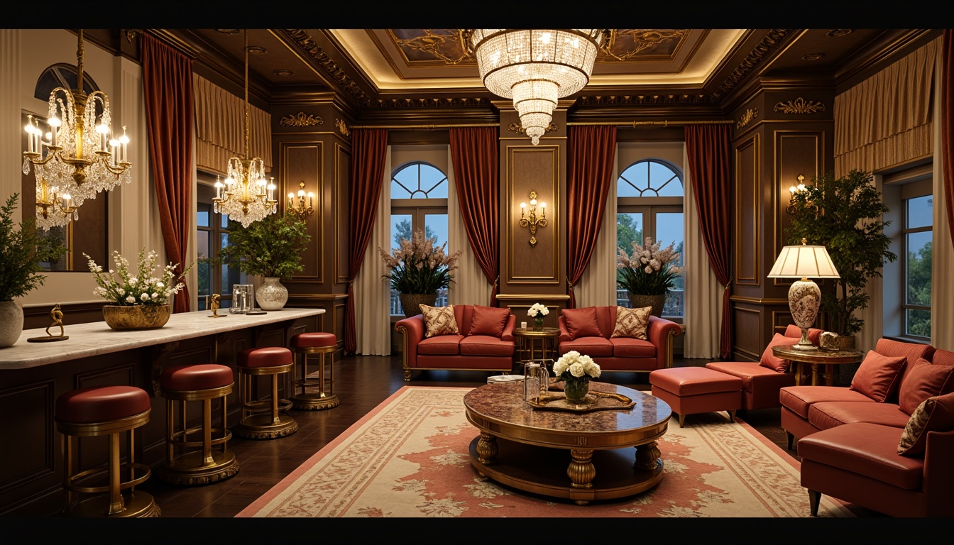 Prompt: Elegant luxurious interior, ornate furniture, velvet upholstery, golden accents, crystal chandeliers, marble countertops, rich wood tones, intricate carvings, lavish textiles, subtle patterns, sophisticated color palette, ambient warm lighting, shallow depth of field, 2/3 composition, soft focus effect, realistic reflections, high-end materials.