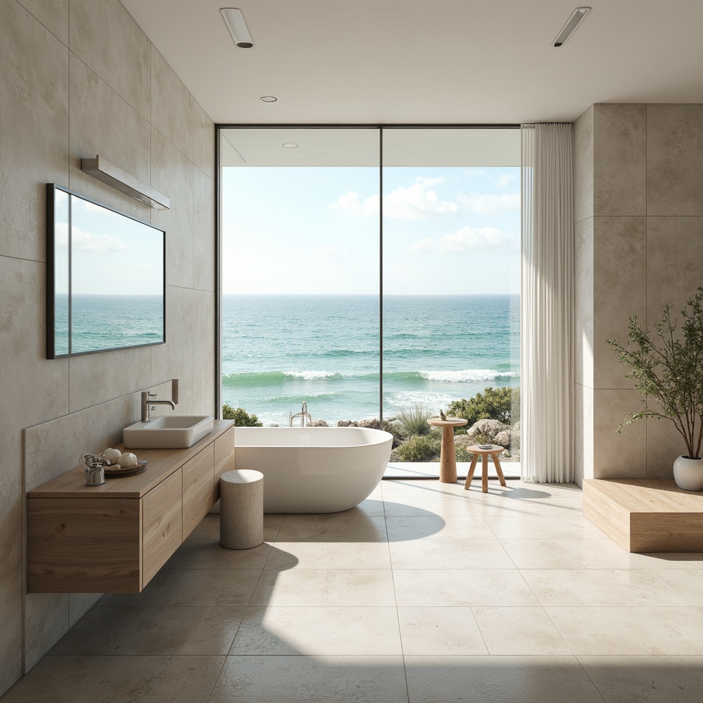 Prompt: \Calm coastal bathroom, soothing ocean waves, serene beachy atmosphere, soft sandy neutrals, seafoam greens, driftwood grays, crisp whites, warm beiges, shell pinks, subtle turquoise accents, natural stone textures, glass tile backsplashes, chrome fixtures, modern minimalist decor, airy open spaces, large windows, abundant natural light, gentle ocean breeze, soft focus photography, 1/1 composition, shallow depth of field.\