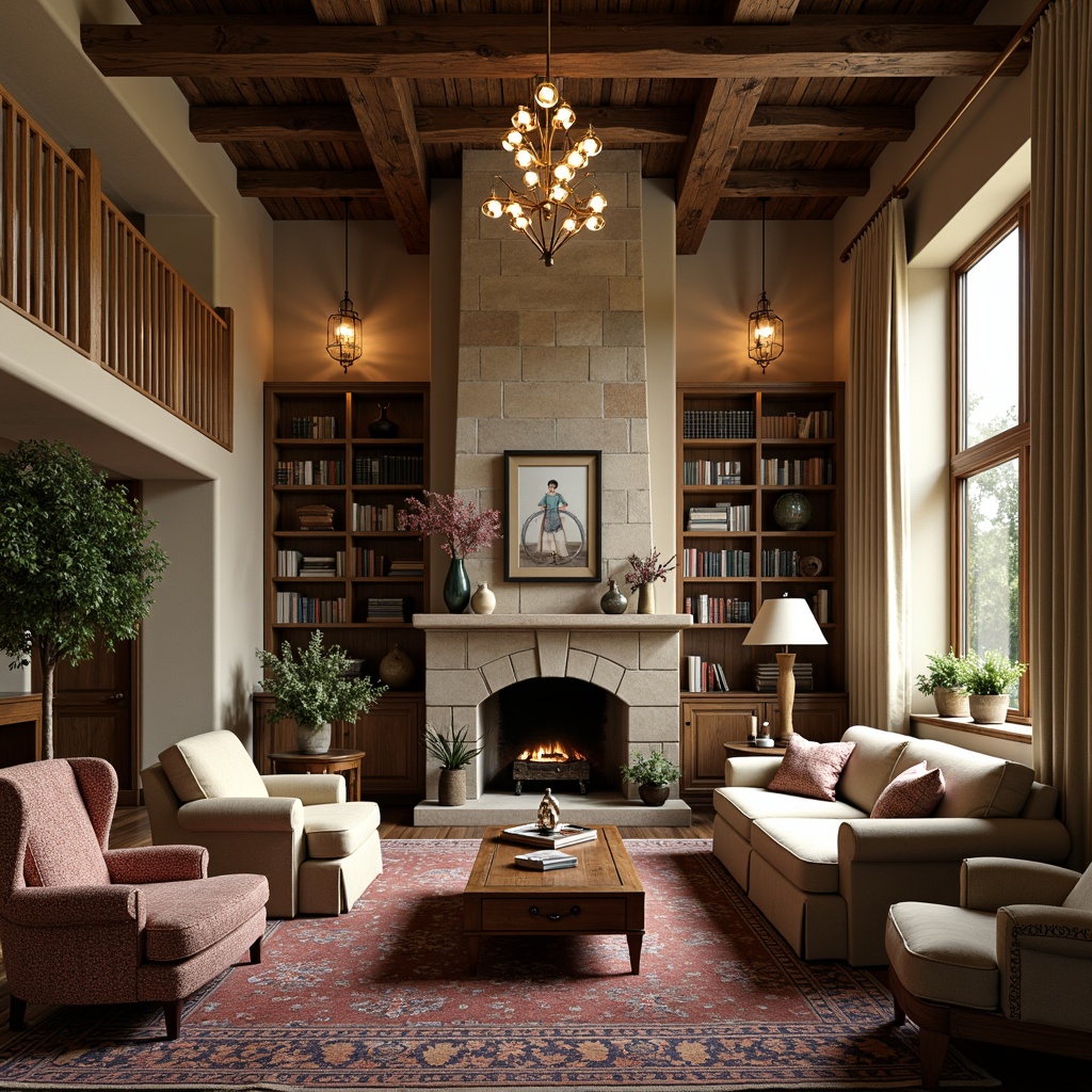 Prompt: Rustic great room, high ceilings, wooden beams, stone fireplace, plush sofas, velvet armchairs, oak wood coffee tables, antique bookshelves, leather-bound tomes, vintage rugs, warm pendant lighting, soft beige walls, elegant chandeliers, classic academic style furniture, sophisticated color palette, rich textures, cozy reading nooks, natural light pouring in, 1/2 composition, shallow depth of field, warm atmospheric glow.