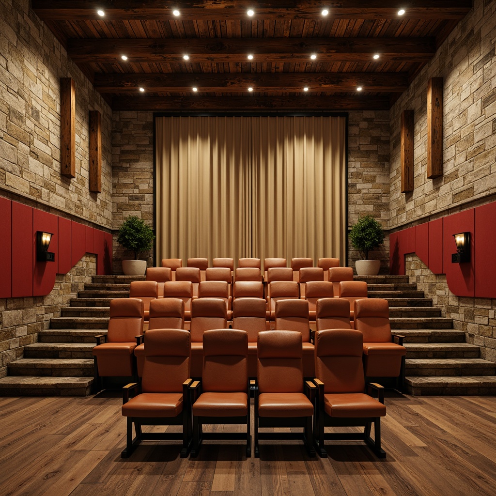 Prompt: Earthy tone auditorium, reclaimed wood accents, worn leather seats, vintage metal fixtures, distressed stone walls, warm beige curtains, rich brown floors, natural fiber textiles, earthy red tones, mossy green hues, weathered wooden beams, industrial metal lighting, soft warm glow, shallow depth of field, 1/1 composition, realistic textures, ambient occlusion.