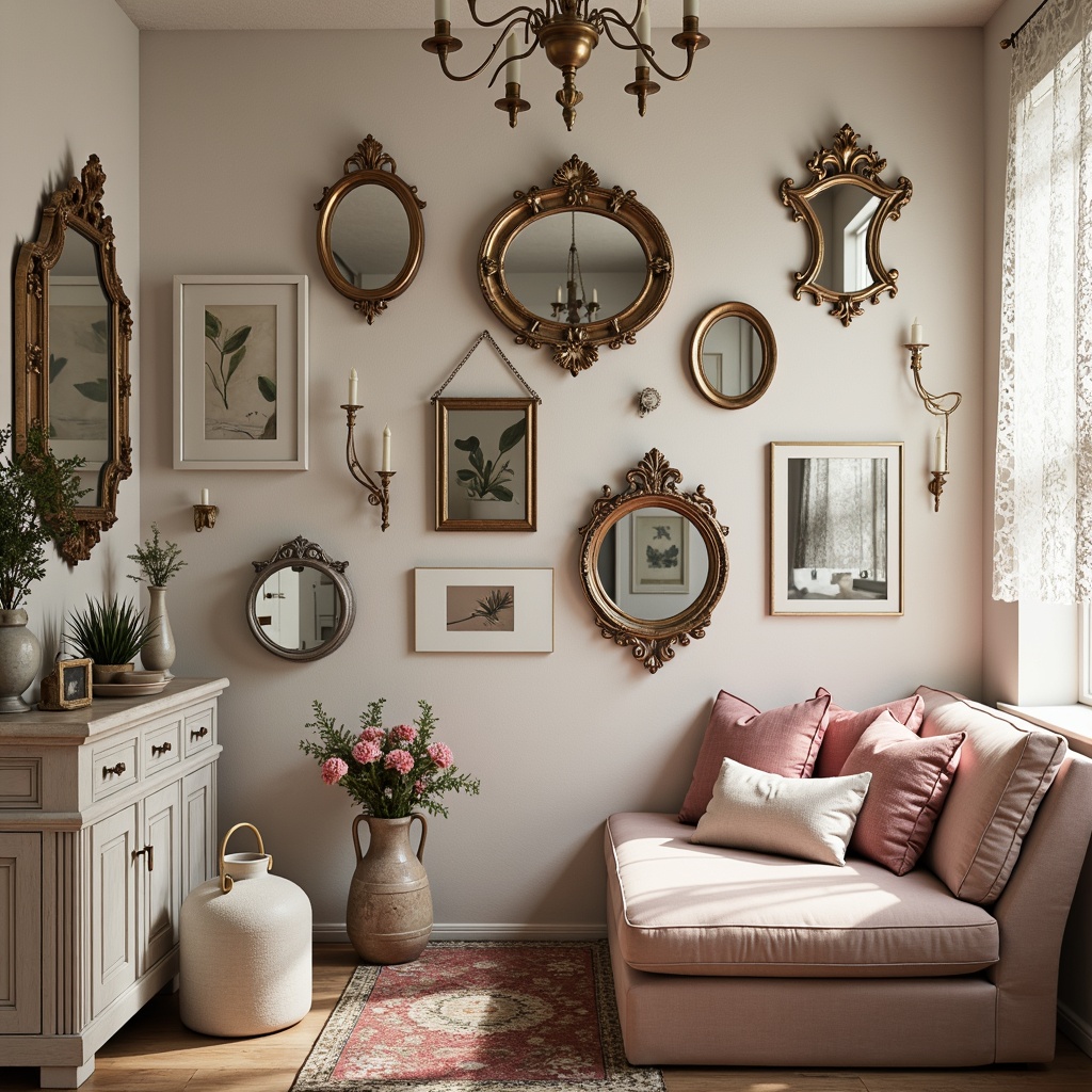 Prompt: Soft pastel hues, distressed finishes, vintage decor, ornate mirrors, lace drapery, floral patterns, rose-gold accents, creamy whites, weathered wood tones, velvet upholstery, rustic metalwork, feminine touches, whimsical accessories, eclectic collectibles, warm candlelight, subtle texture overlays, 1/1 composition, shallow depth of field, soft focus blur.