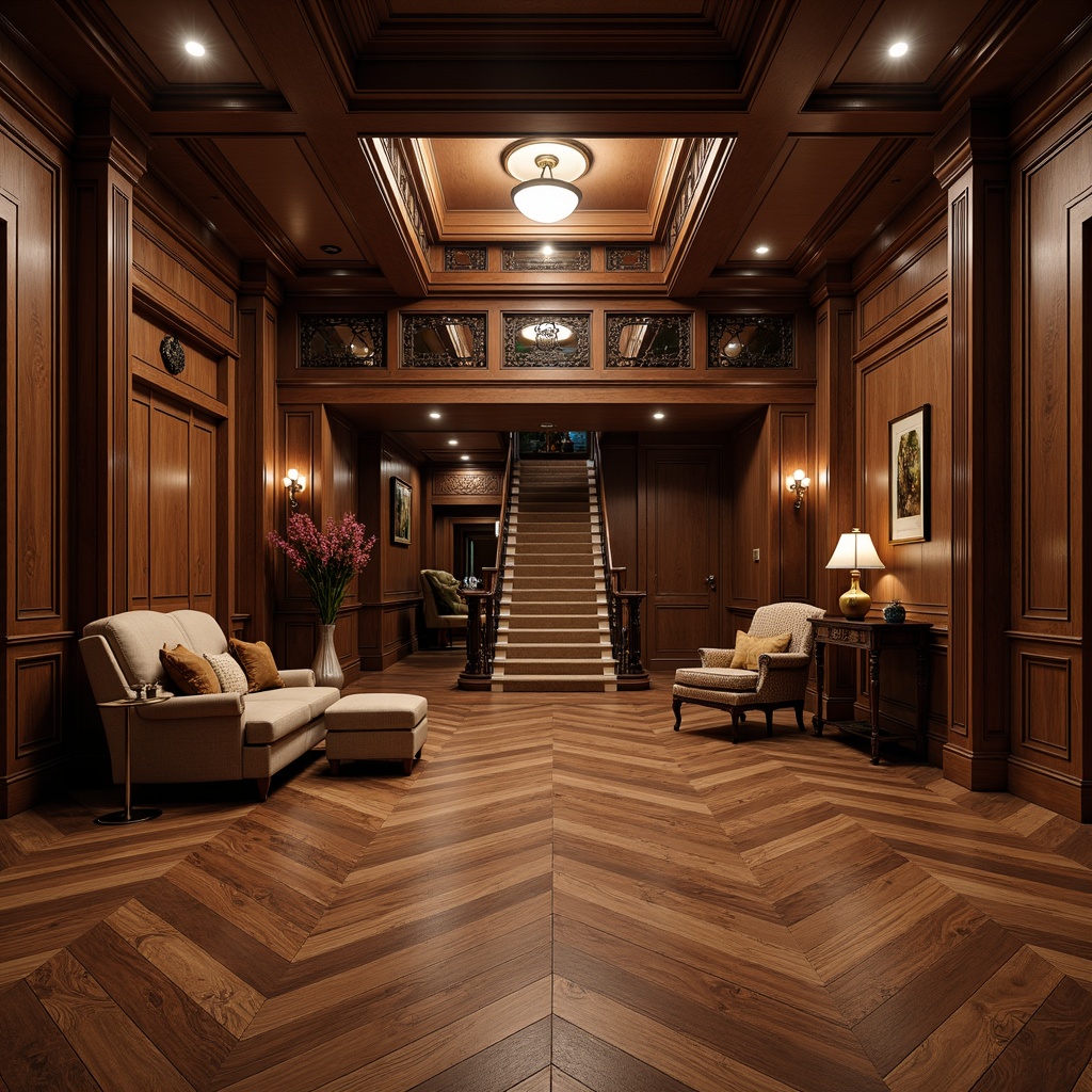 Prompt: Rich hardwood floors, dark walnut wood, polished finish, ornate inlays, intricate patterns, soft warm lighting, classic interior design, elegant atmosphere, luxurious textures, sophisticated colors, subtle sheen, herringbone parquet, chevron pattern, rustic charm, vintage aesthetic, traditional style, grand staircase, opulent decor, refined ambiance.