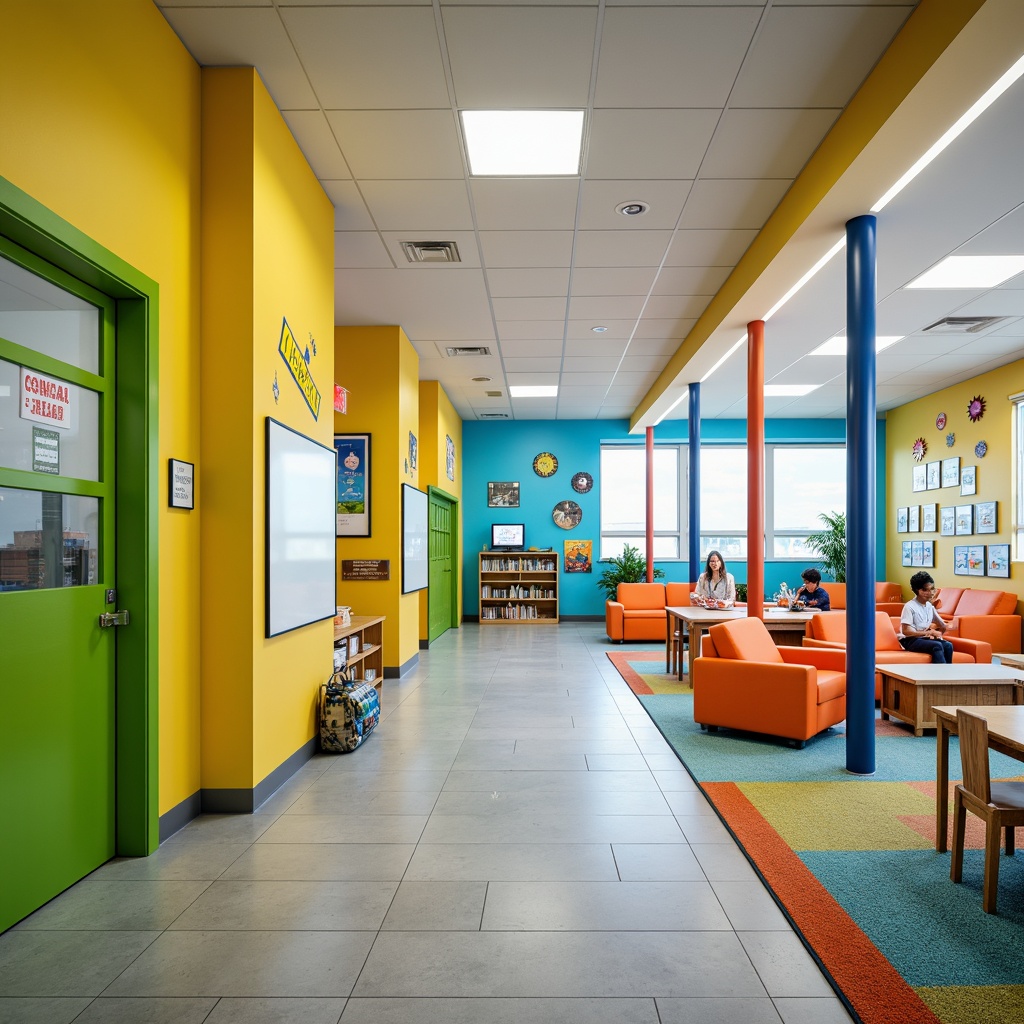 Prompt: Vibrant elementary school, playful color palette, bright yellow walls, sky blue accents, green corridors, lively orange furniture, whimsical murals, educational signage, natural wood tones, colorful rugs, interactive whiteboards, stimulating classroom environments, softbox lighting, shallow depth of field, 3/4 composition, panoramic view, realistic textures.