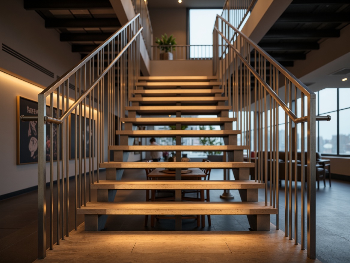 Prompt: Modern staircase, sleek metal railings, minimalist design, low-rise steps, wooden or glass treads, chrome or silver accents, geometric patterns, LED strip lighting, ambient illumination, soft warm glow, shallow depth of field, 1/1 composition, realistic textures, urban loft atmosphere, industrial chic style, contemporary architecture, open-plan living space.