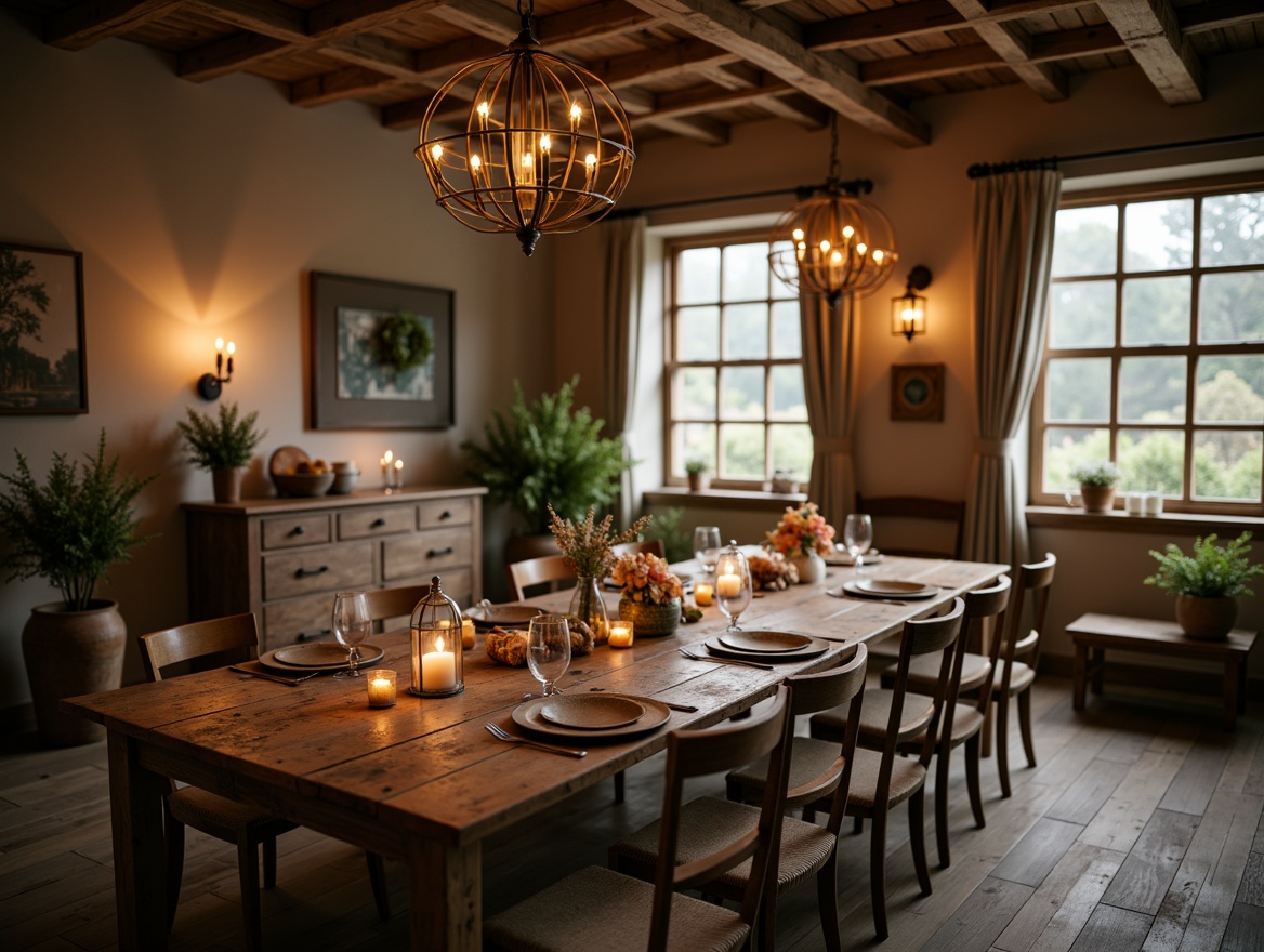 Prompt: Rustic wooden dining table, distressed finishes, soft candlelight, warm pendant lamps, delicate chandeliers, vintage metal lanterns, distressed wood beams, floral patterns, lace curtains, natural linen fabrics, earthy color palette, soft warm glow, shallow depth of field, 1/1 composition, intimate atmosphere, romantic ambiance.