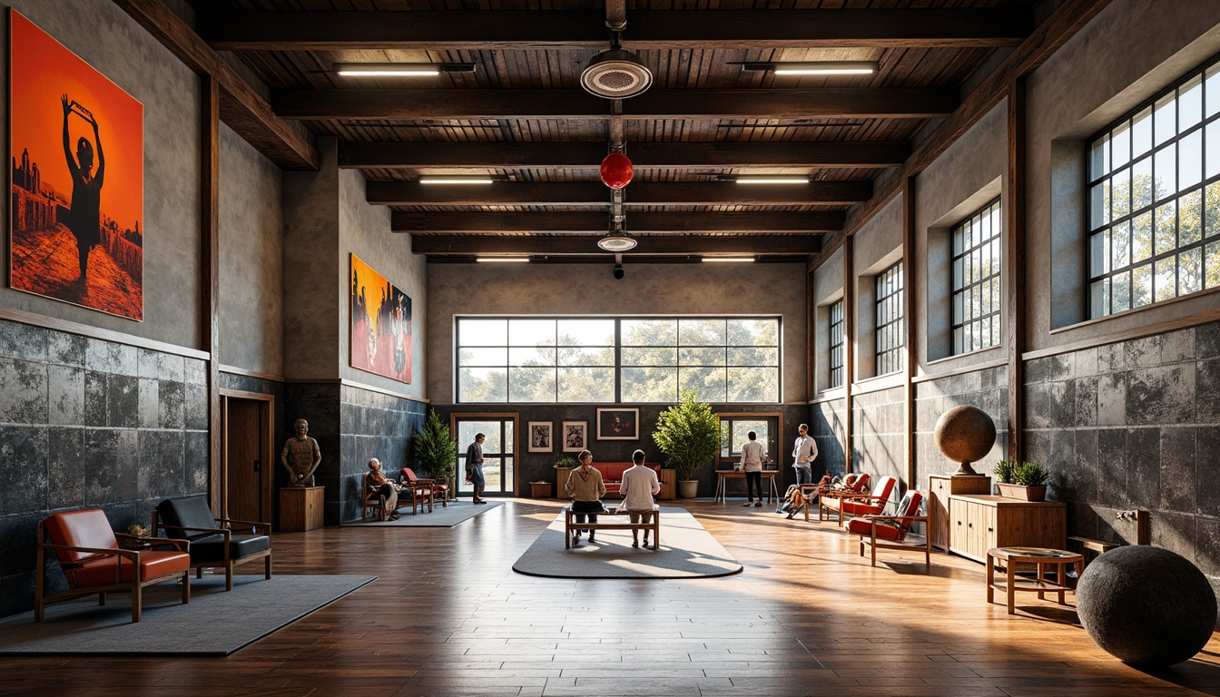 Prompt: Vibrant gymnasium interior, bold expressionist style, contrasting textures, rough concrete walls, smooth wooden floors, metallic equipment, bold color schemes, dynamic lighting, high ceilings, industrial steel beams, exposed ductwork, geometric patterns, abstract murals, eclectic furniture, avant-garde sculptures, dramatic shadows, 1/1 composition, low-key lighting, gritty realistic render.