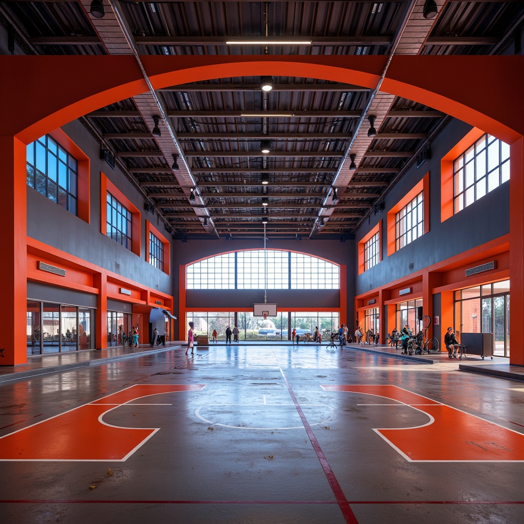 Prompt: Vibrant gymnasium interior, bold expressionist architecture, dynamic curves, sweeping arches, geometric shapes, industrial materials, exposed ductwork, polished concrete floors, neon-colored accents, futuristic lighting fixtures, high ceilings, open spaces, flexible workout areas, mirrored walls, state-of-the-art equipment, Olympic-sized swimming pools, basketball courts, tennis tables, athletic tracks, panoramic windows, natural light, warm color schemes, dramatic shadows, 1/2 composition, low-angle shots, cinematic atmosphere.