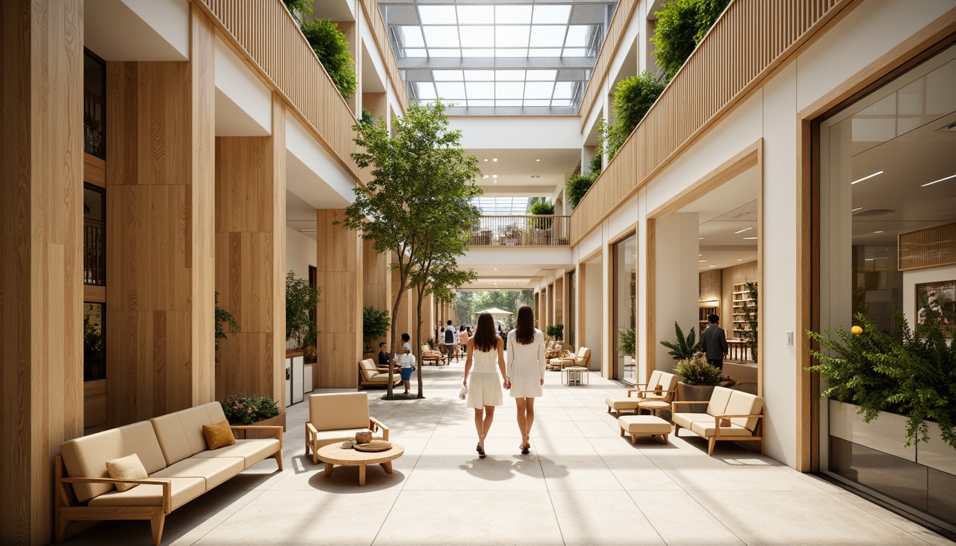 Prompt: Cozy shopping mall, minimalist interior design, natural wood accents, warm beige tones, softbox lighting, floor-to-ceiling windows, airy atriums, green walls, hanging plants, Nordic-inspired furniture, sleek metal fixtures, subtle branding elements, calm atmosphere, morning light, shallow depth of field, 2/3 composition, realistic textures, ambient occlusion.