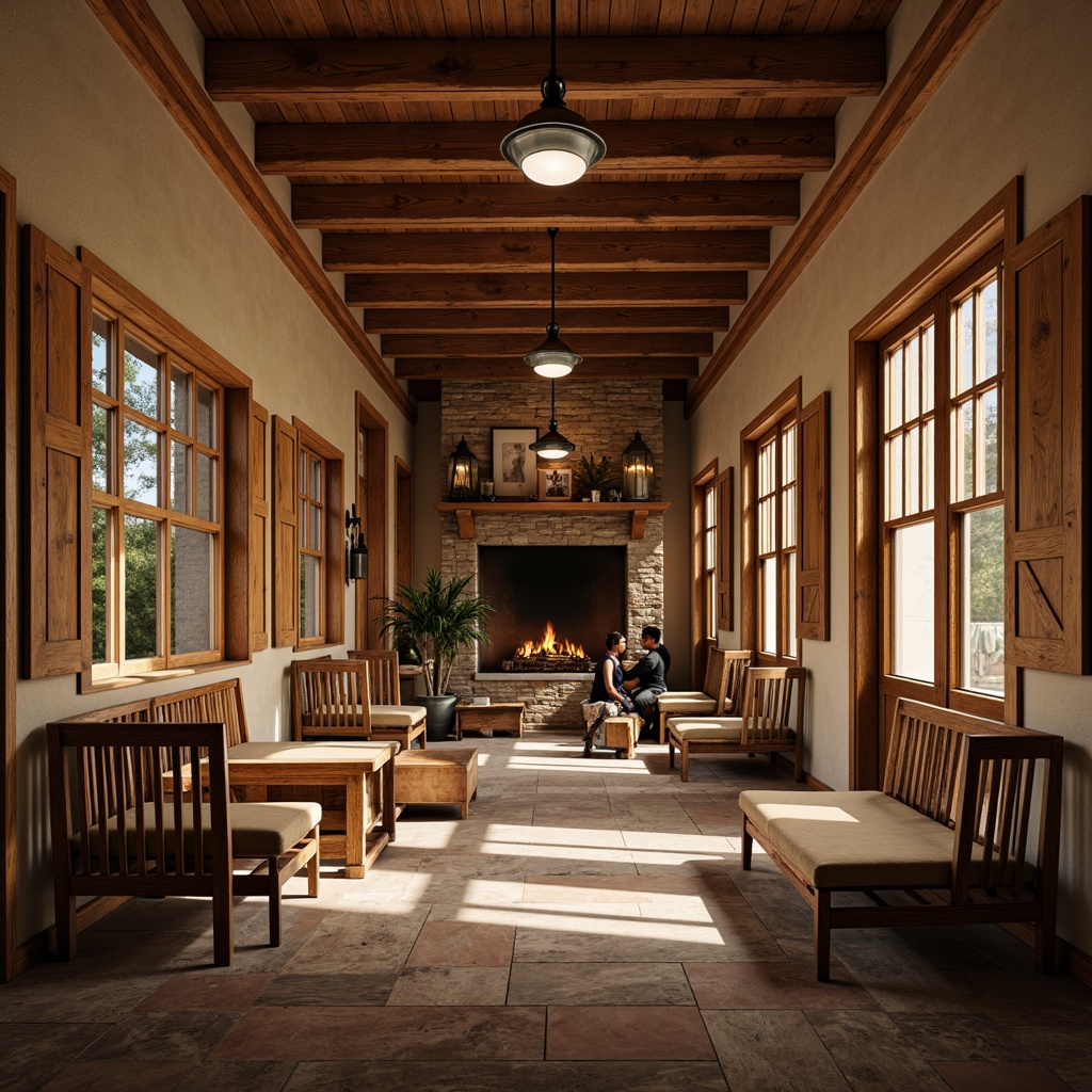 Prompt: Rustic student halls, warm wood accents, craftsman-style furniture, wooden benches, reclaimed wood floors, cozy reading nooks, natural stone fireplaces, earthy color palette, vintage decorative items, wooden shutters, metal lanterns, soft warm lighting, shallow depth of field, 3/4 composition, intimate atmosphere, realistic textures, ambient occlusion.