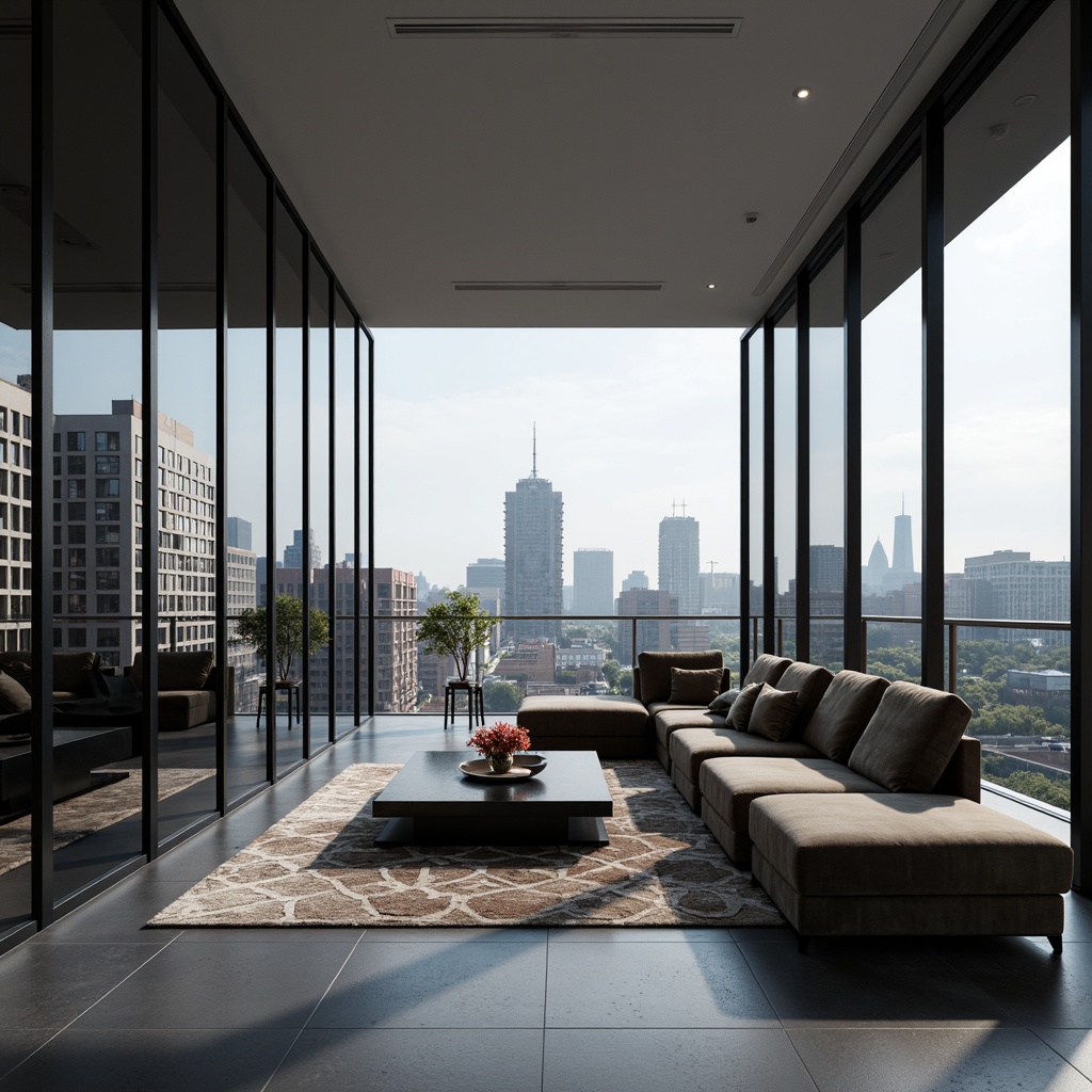 Prompt: Minimalist living room, sleek glass partitions, polished chrome frames, monochromatic color scheme, luxurious velvet sofas, geometric patterned rugs, modernist coffee tables, ambient soft lighting, floor-to-ceiling windows, urban cityscape views, subtle texture variations, 1/1 composition, realistic reflections, shallow depth of field.