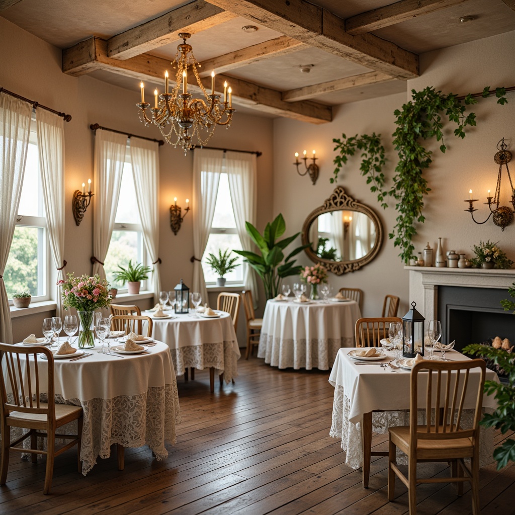 Prompt: Whimsical shabby-chic dining room, distressed wooden furniture, soft pastel colors, elegant chandeliers, warm candlelight, vintage metal lanterns, linen drapes, lace tablecloths, floral patterns, ornate mirrors, rustic wooden floors, natural stone walls, cozy alcoves, softbox lighting, warm beige tones, subtle texture overlays, 1/1 composition, intimate atmosphere, relaxed mood.