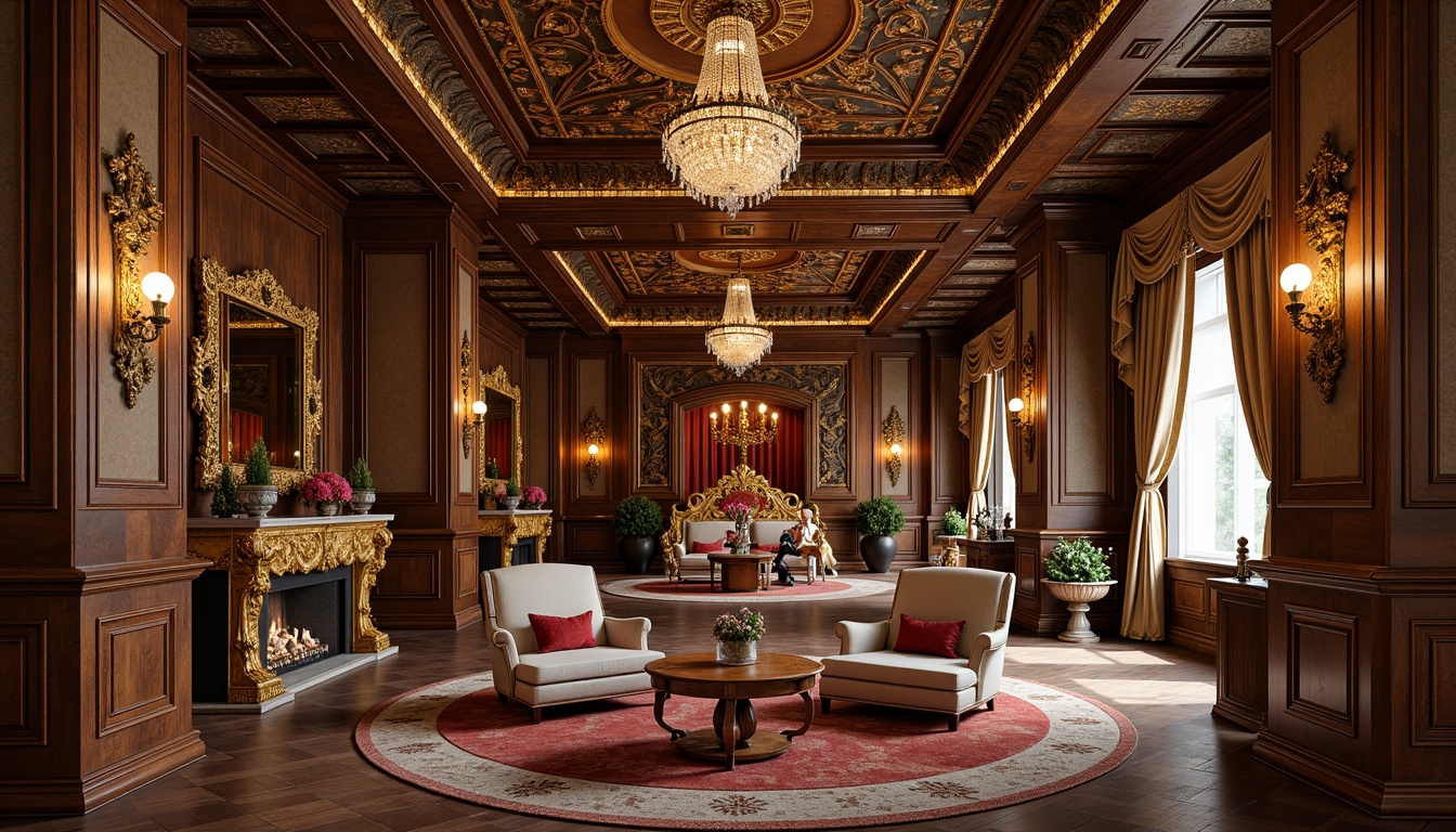 Prompt: Intricate wooden carvings, ornate golden accents, luxurious velvet upholstery, curved lines, opulent fabrics, grandiose chandeliers, marble surfaces, rich walnut wood tones, ornamental mirrors, lavish drapery, sophisticated color palette, 3/4 composition, soft warm lighting, realistic textures, ambient occlusion.