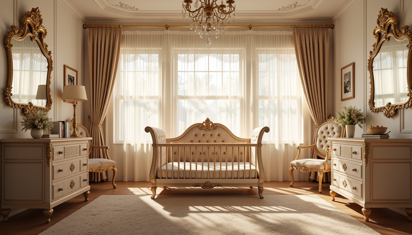 Prompt: Elegant baby crib, intricately carved wooden furniture, velvet upholstery, soft golden lighting, ornate mirrors, delicate lace curtains, plush area rugs, creamy white walls, Baroque-inspired patterns, cherub decorations, pastel color palette, gentle warm atmosphere, shallow depth of field, 1/1 composition, warm natural textures, subtle ambient occlusion.