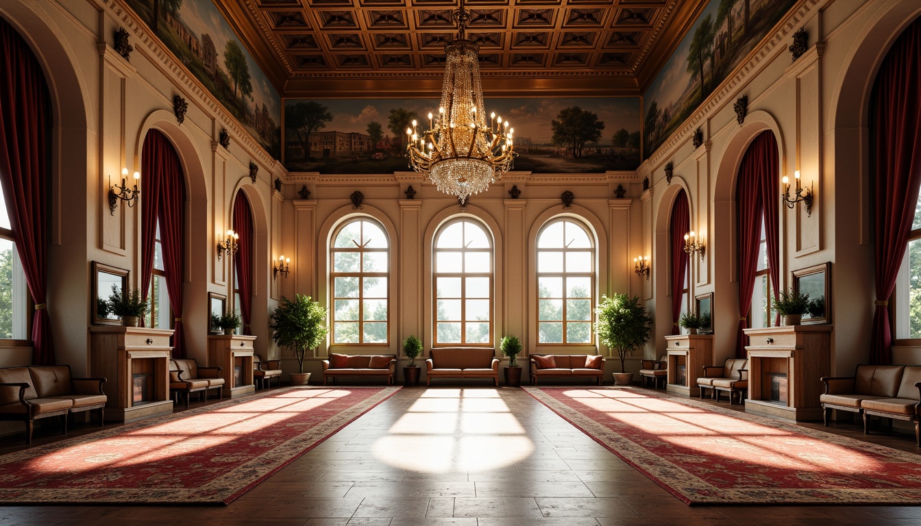 Prompt: Elegant gymnasium, Renaissance-inspired wooden flooring, ornate chandeliers, grandiose archways, richly patterned rugs, luxurious velvet curtains, intricately carved wooden furniture, antique bronze fixtures, stately columns, ornamental mirrors, lavish frescoes, high ceilings, expansive windows, natural light pouring in, soft warm glow, 1/2 composition, symmetrical arrangement, harmonious color palette, realistic textures, ambient occlusion.