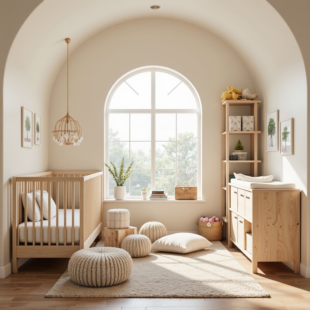 Prompt: Whimsical nursery, soft pastel colors, gentle curves, plush toys, cozy reading nook, ergonomic cribs, convertible changing tables, storage ottomans, colorful mobiles, textured rugs, cream-colored walls, natural wood accents, minimalist decor, modern baby furniture, rounded edges, safety features, adjustable lighting, warm beige tones, creamy whites, playful patterns, interactive playsets, educational toys, soothing music, gentle breezes, shallow depth of field, 1/1 composition, realistic textures.