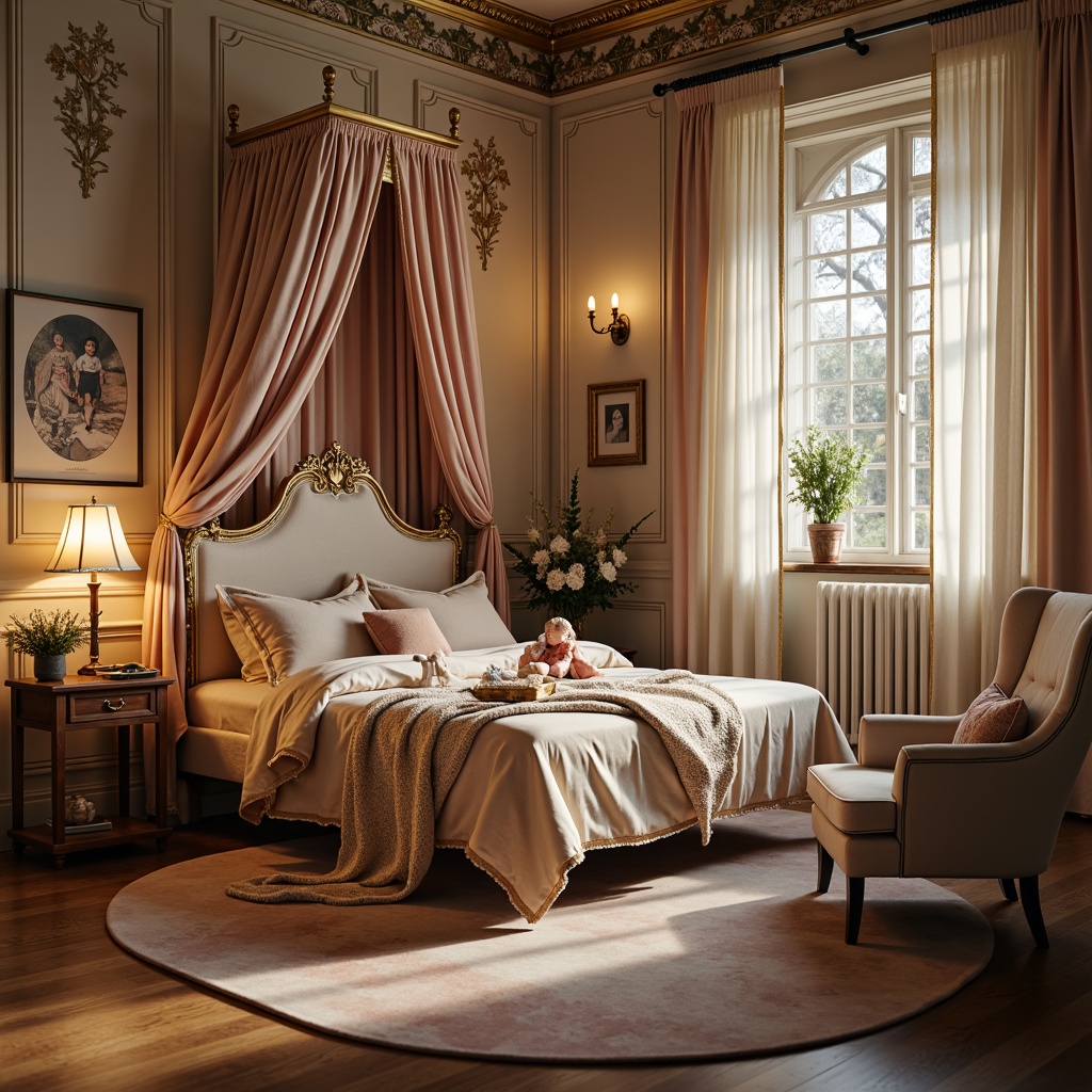 Prompt: Luxurious velvet fabrics, soft pastel hues, golden accents, ornate furniture, plush area rugs, delicate lace curtains, satin drapes, intricate wooden carvings, lavish canopy beds, tender toy collections, vintage baby portraits, warm candle lighting, shallow depth of field, 1/1 composition, realistic textures, ambient occlusion.