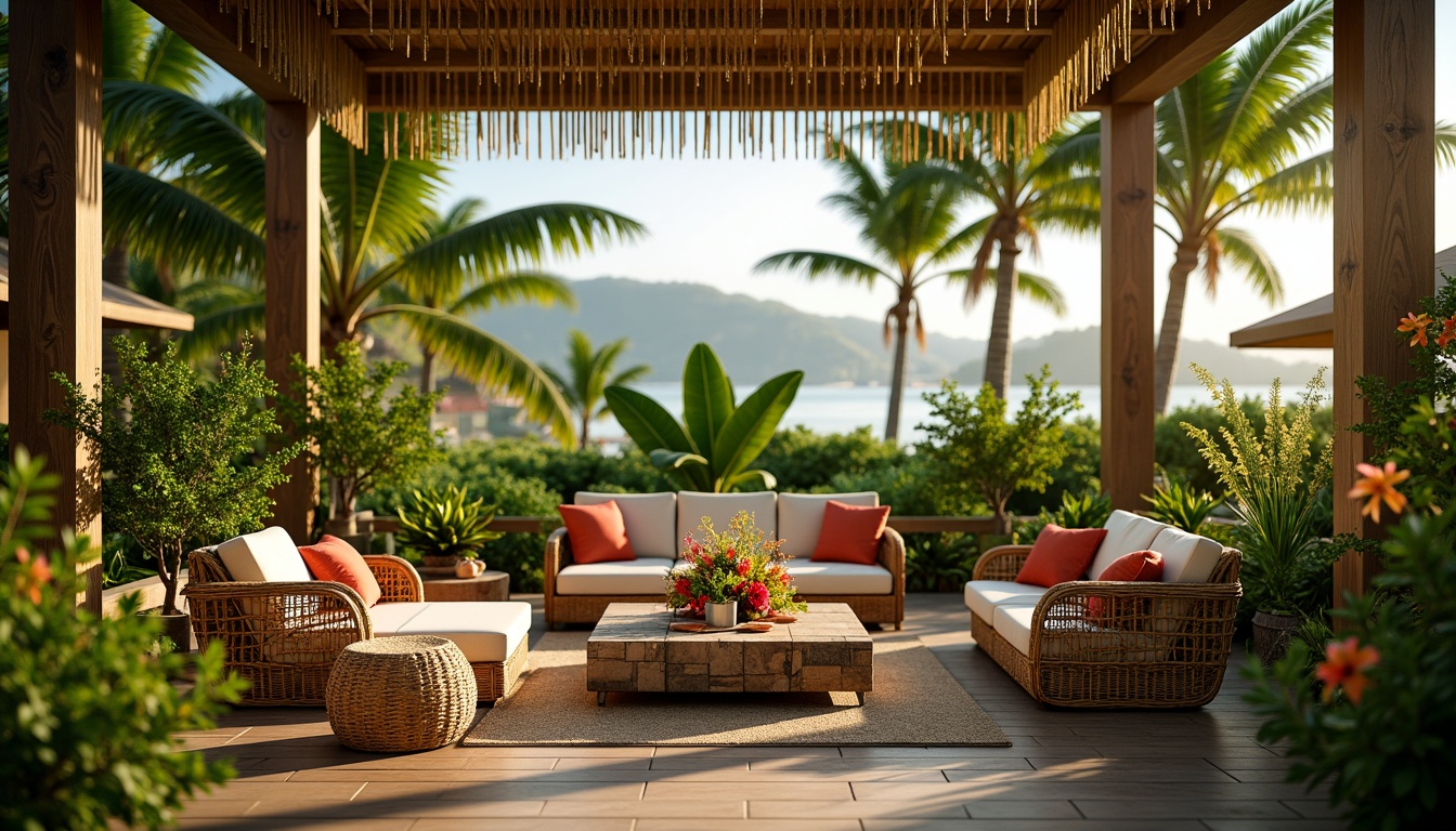 Prompt: Lush tropical foliage, vibrant floral arrangements, rattan furniture, natural wicker textures, woven bamboo accents, exotic wood tones, colorful tiki torches, plush palm tree leaves, sunny coastal vibe, warm golden lighting, shallow depth of field, 1/2 composition, realistic renderings, ambient occlusion.