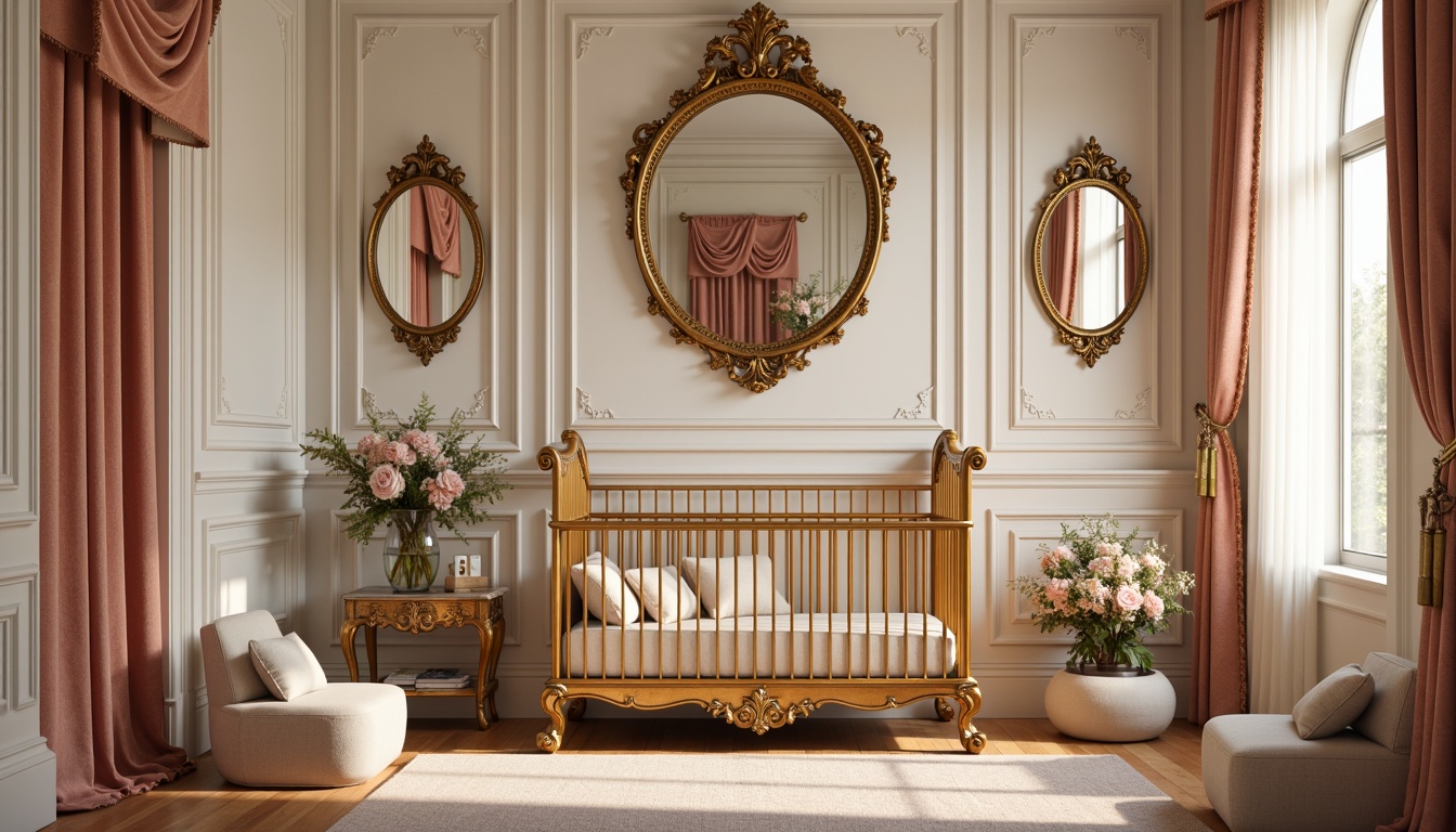 Prompt: Richly ornate crib, gilded accents, soft cream walls, velvet drapes, intricate carvings, golden hardware, plush area rug, delicate florals, pastel hues, gentle warm lighting, subtle shading, 1/1 composition, intimate atmosphere, lavish textiles, ornate mirrors, antique furniture pieces, luxurious fabrics, soft peach tones, creamy whites, dusty rose accents.