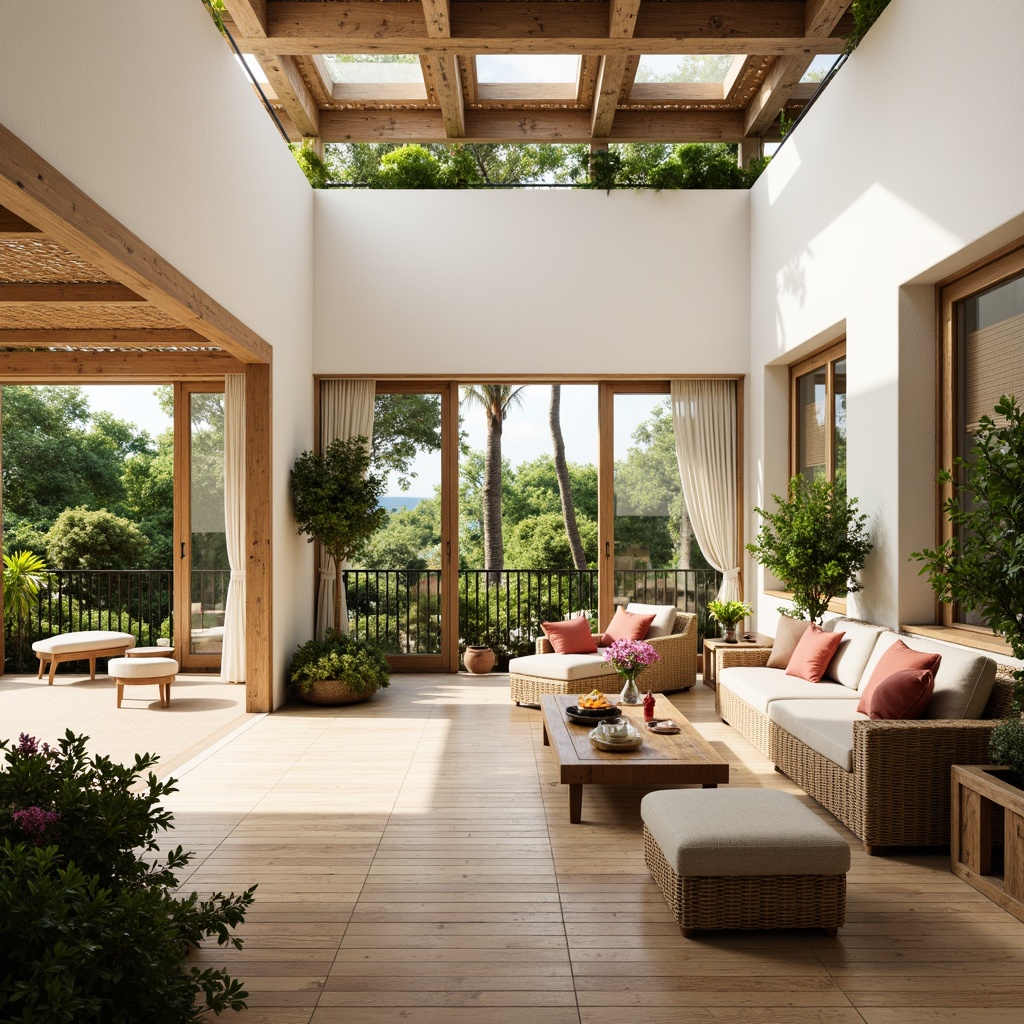 Prompt: Vibrant tropical interior, large windows, sliding glass doors, high ceilings, white stucco walls, polished wooden floors, rattan furniture, natural fiber textiles, lush greenery, potted plants, blooming flowers, warm beige color scheme, soft diffused lighting, indirect sunlight, clerestory windows, skylights, open floor plan, minimal obstruction, bright airy atmosphere, relaxed coastal vibe, woven bamboo shades, natural linen curtains, earthy tone accents.