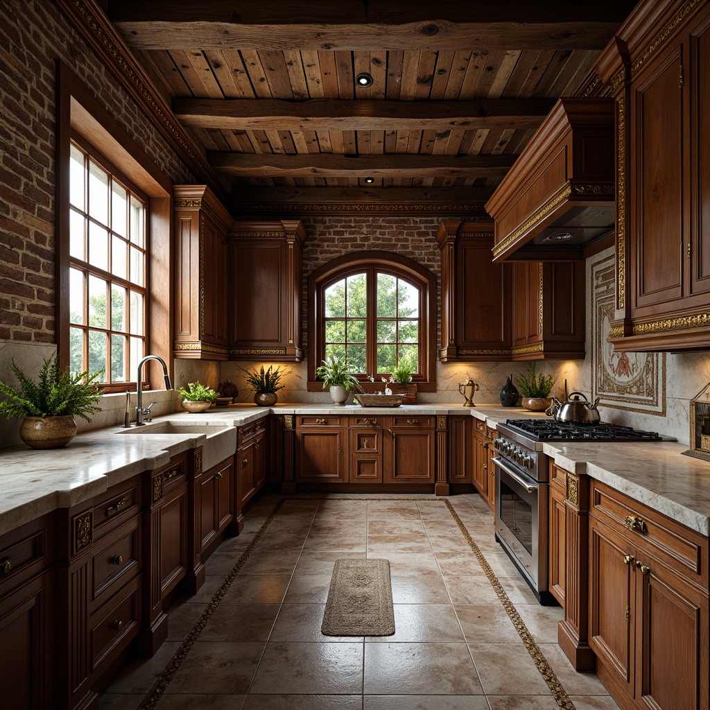 Prompt: Ornate Baroque kitchen, rich wood cabinetry, intricately carved stone countertops, luxurious gold accents, ornamental metalwork, velvet-smooth marble floors, distressed wooden beams, rustic brick walls, warm candlelight, soft focus, 1/1 composition, intimate atmosphere, realistic reflections, ambient occlusion.