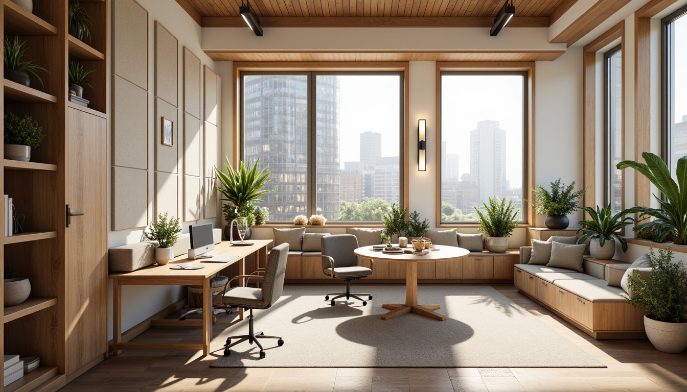 Prompt: Cozy office interior, sound-absorbing acoustic panels, wooden frames, soft fabric upholstery, calming neutral colors, natural textiles, minimalist desk setup, ergonomic chairs, warm task lighting, plants on shelves, large windows, cityscape views, gentle morning sunlight, shallow depth of field, 1/2 composition, realistic rendering, ambient occlusion.