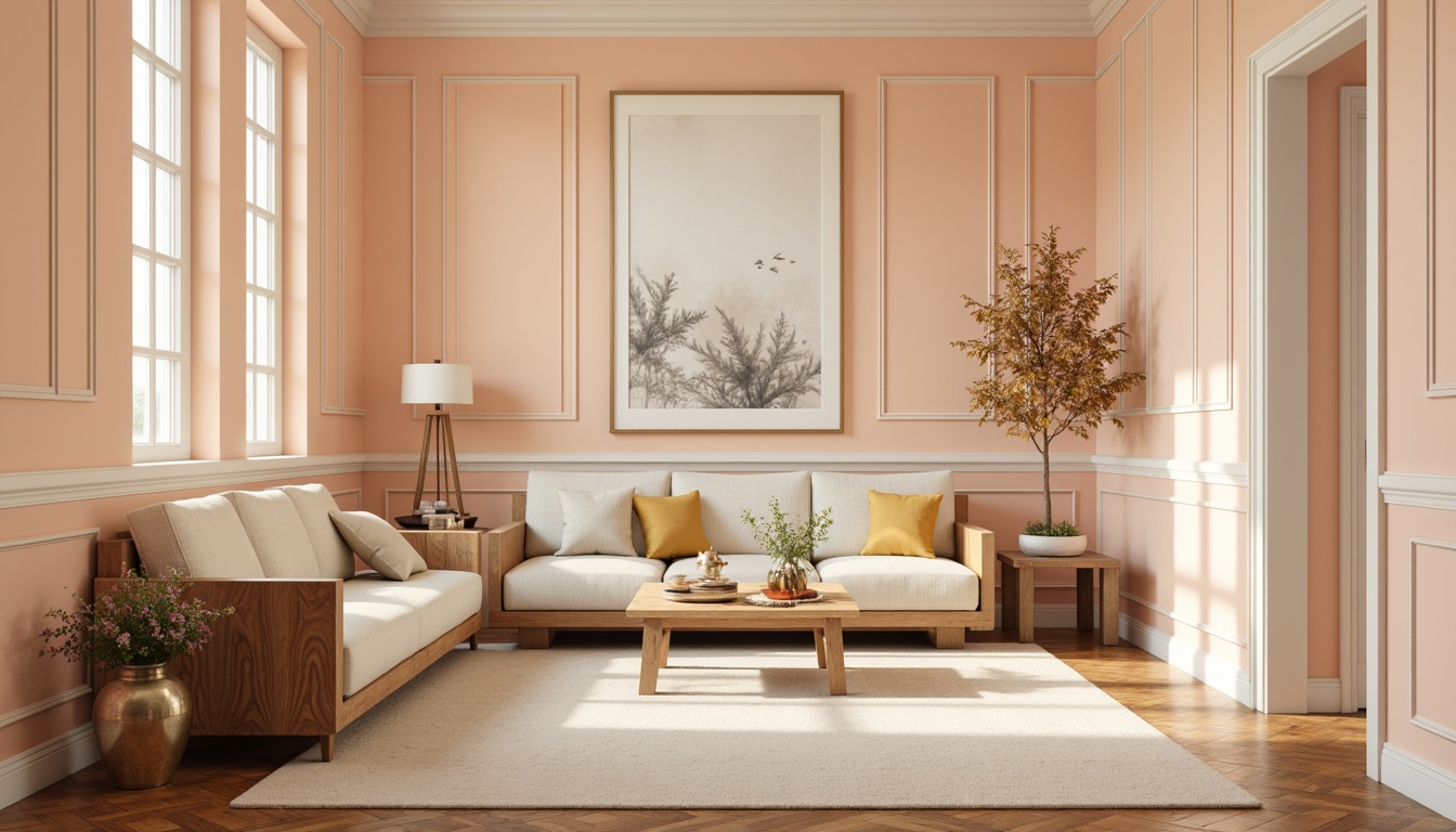 Prompt: Soft peach walls, creamy white trim, warm beige floors, rich walnut furniture, natural linen upholstery, subtle gold accents, delicate floral patterns, soft gradient effects, ambient warm lighting, 1/1 composition, shallow depth of field, realistic textures, gentle color transitions.