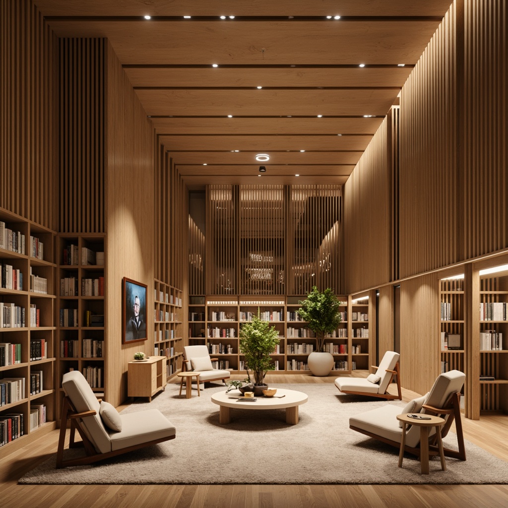 Prompt: Elegant library interior, warm beige walls, rich wood accents, comfortable reading nooks, plush area rugs, floor-to-ceiling shelving units, ladder bookcases, minimalist metal frames, glass shelves, subtle LED lighting, cozy atmosphere, soft warm glow, shallow depth of field, 1/1 composition, realistic textures, ambient occlusion.