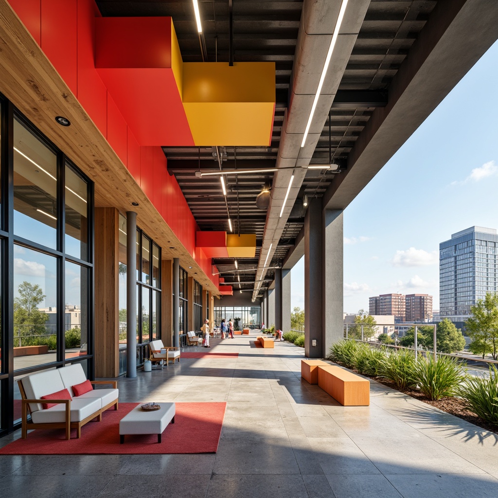 Prompt: Vibrant rehabilitation center, bold primary colors, geometric shapes, industrial materials, exposed ductwork, minimalist decor, functional furniture, natural textiles, warm wood accents, sleek metal frames, rectangular windows, flat roofs, urban landscape, sunny day, soft diffused lighting, shallow depth of field, 3/4 composition, realistic textures, ambient occlusion.Please let me know if this meets your requirements!