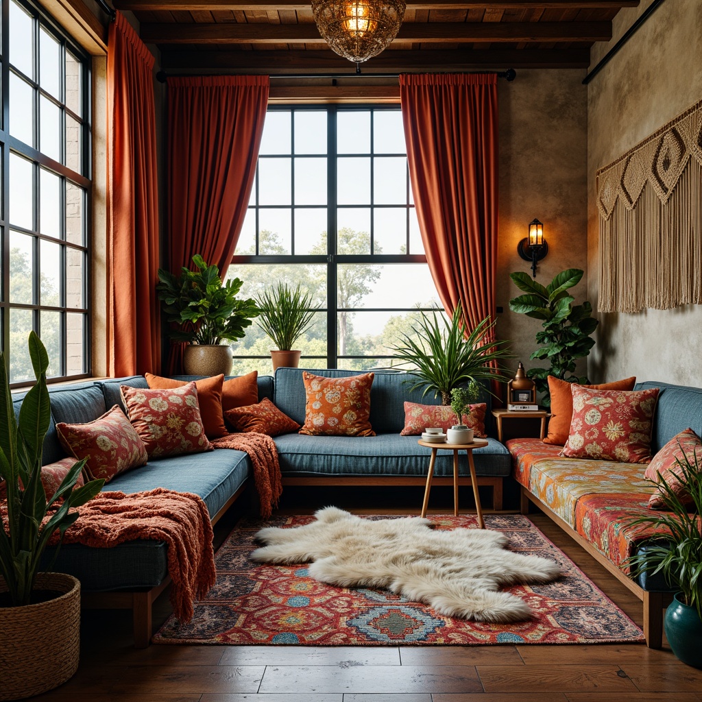 Prompt: Vibrant bohemian interior, eclectic mix of patterns, rich velvet fabrics, distressed denim upholstery, bold tribal prints, Moroccan-inspired tiles, plush sheepskin rugs, chunky woven baskets, macrame wall hangings, natural linen drapes, reclaimed wood accents, industrial metal lighting, soft warm glow, cozy reading nook, laid-back atmosphere, 3/4 composition, shallow depth of field, realistic textures.