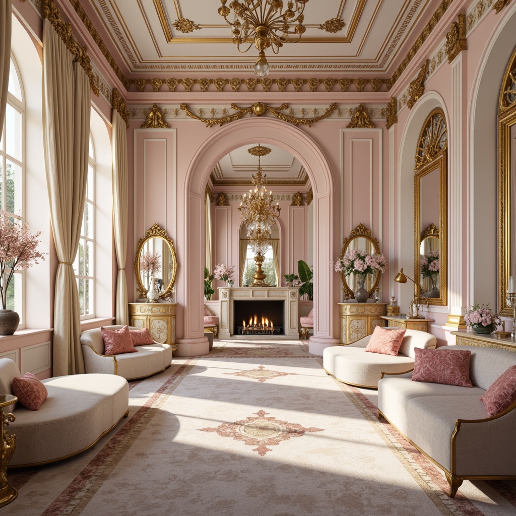 Prompt: Luxurious Rococo interior, soft pastel hues, pale pink accents, creamy whites, rich gold ornaments, intricate wooden carvings, ornate mirrors, velvet drapes, lavish furnishings, Baroque-inspired patterns, delicate florals, whimsical shell motifs, warm candlelight, shallow depth of field, 1/2 composition, atmospheric perspective, realistic textures, subtle ambient occlusion.