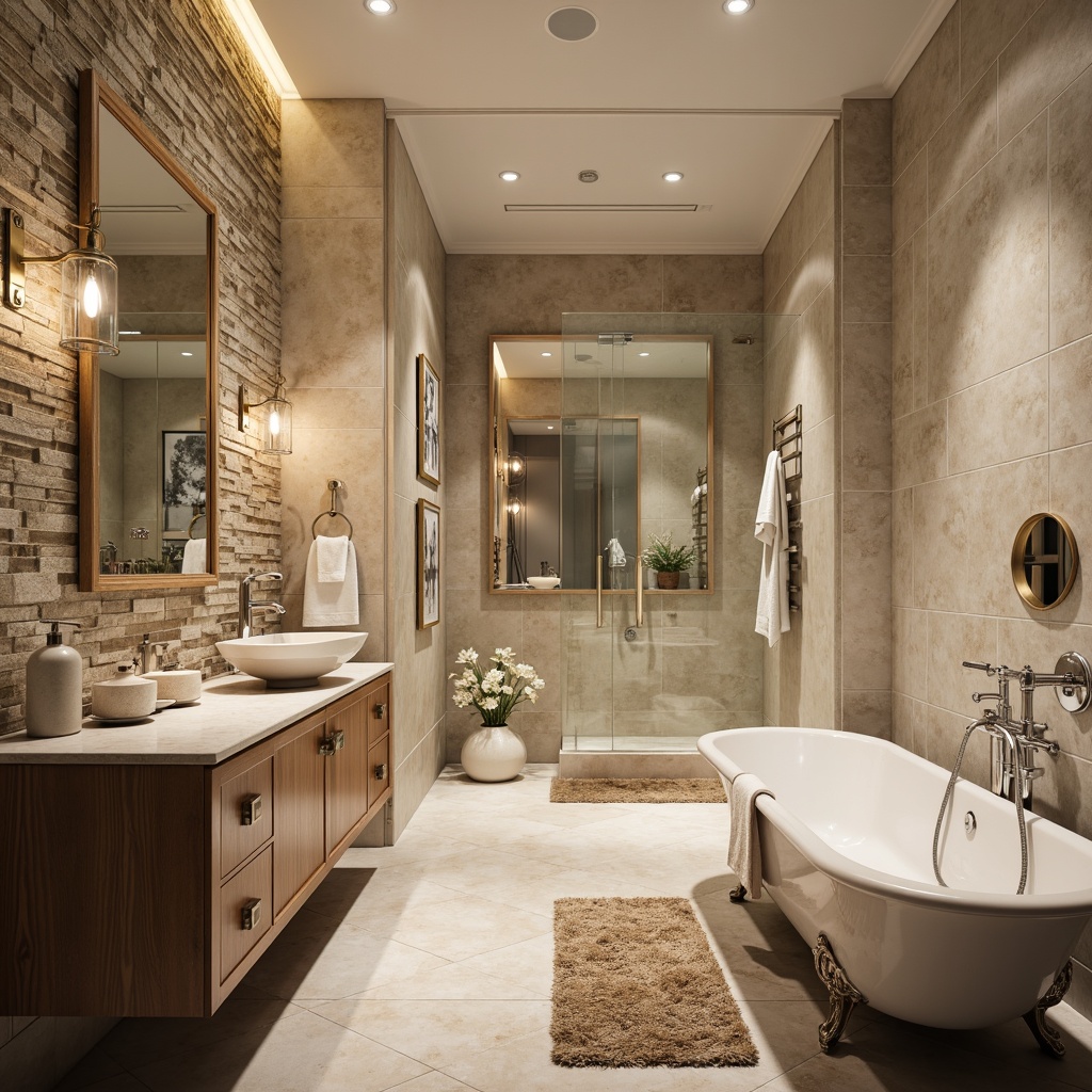 Prompt: Luxurious bathroom interior, textured stone walls, ornate marble countertops, sleek chrome faucets, crystal glass shower doors, soft warm lighting, shallow depth of field, 3/4 composition, realistic reflections, ambient occlusion, classic pedestal sink, elegant freestanding tub, plush area rug, calming beige color palette, natural wood cabinetry, decorative metal accents, subtle geometric patterns.