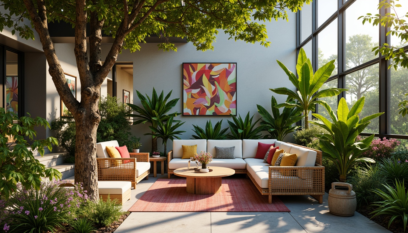 Prompt: Vibrant tropical leaves, exotic flowers, natural wood accents, woven bamboo textures, rattan furniture, colorful tassel details, ocean-inspired hues, coral reef patterns, geometric tribal motifs, sunny warm lighting, shallow depth of field, 3/4 composition, panoramic view, realistic textures, ambient occlusion, modern minimalist walls, sleek glass surfaces, innovative material blends, eco-friendly finishes, bold abstract art pieces, statement wall decor.