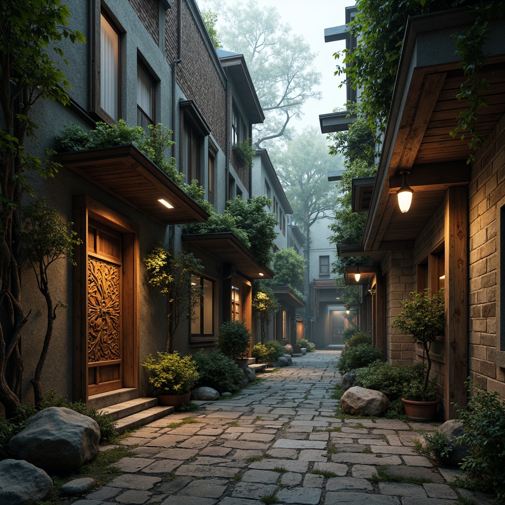 Prompt: Rustic, worn stone walls, distressed wooden planks, rough-hewn boulders, overgrown with moss and ivy, ancient tree roots, twisted metal beams, oxidized copper accents, weathered concrete foundations, intricate tile mosaics, ornate carved wooden doors, faded brick facades, mysterious alleyways, foggy atmospheric lighting, cinematic shading, dramatic depth of field, 2.35